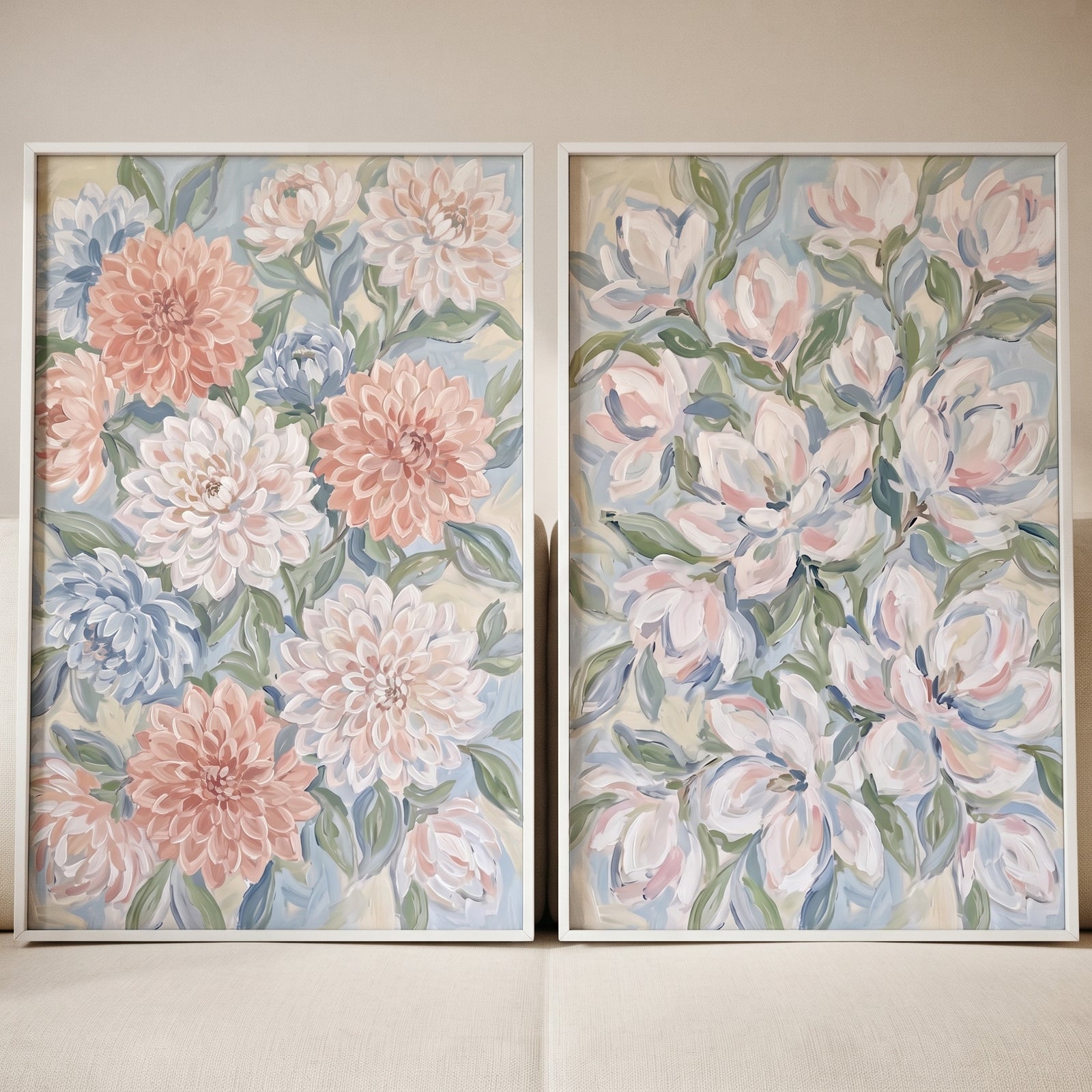 soft palette botanical floral wall art set of 2 with peach, blue, and white dahlias and magnolias in white frames.