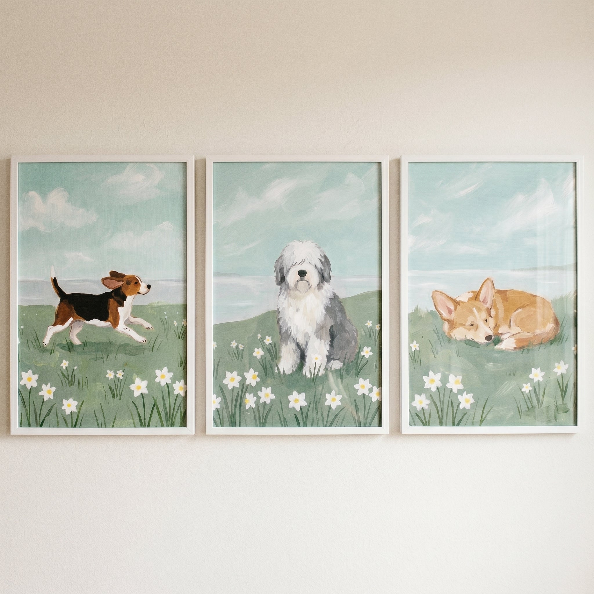 Soft Palette Flower Dog Wall Art Set of 3 - Canine Meadow Days