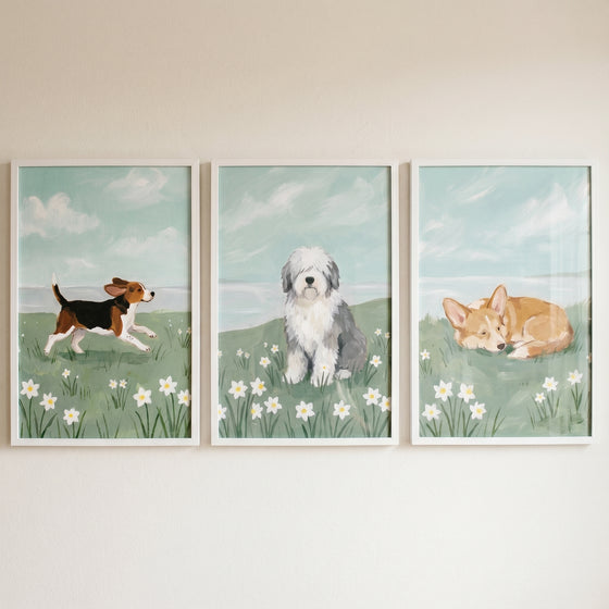 Soft palette flower dog wall art set of 3 features dogs running, sitting, and sleeping in a field with white flowers.