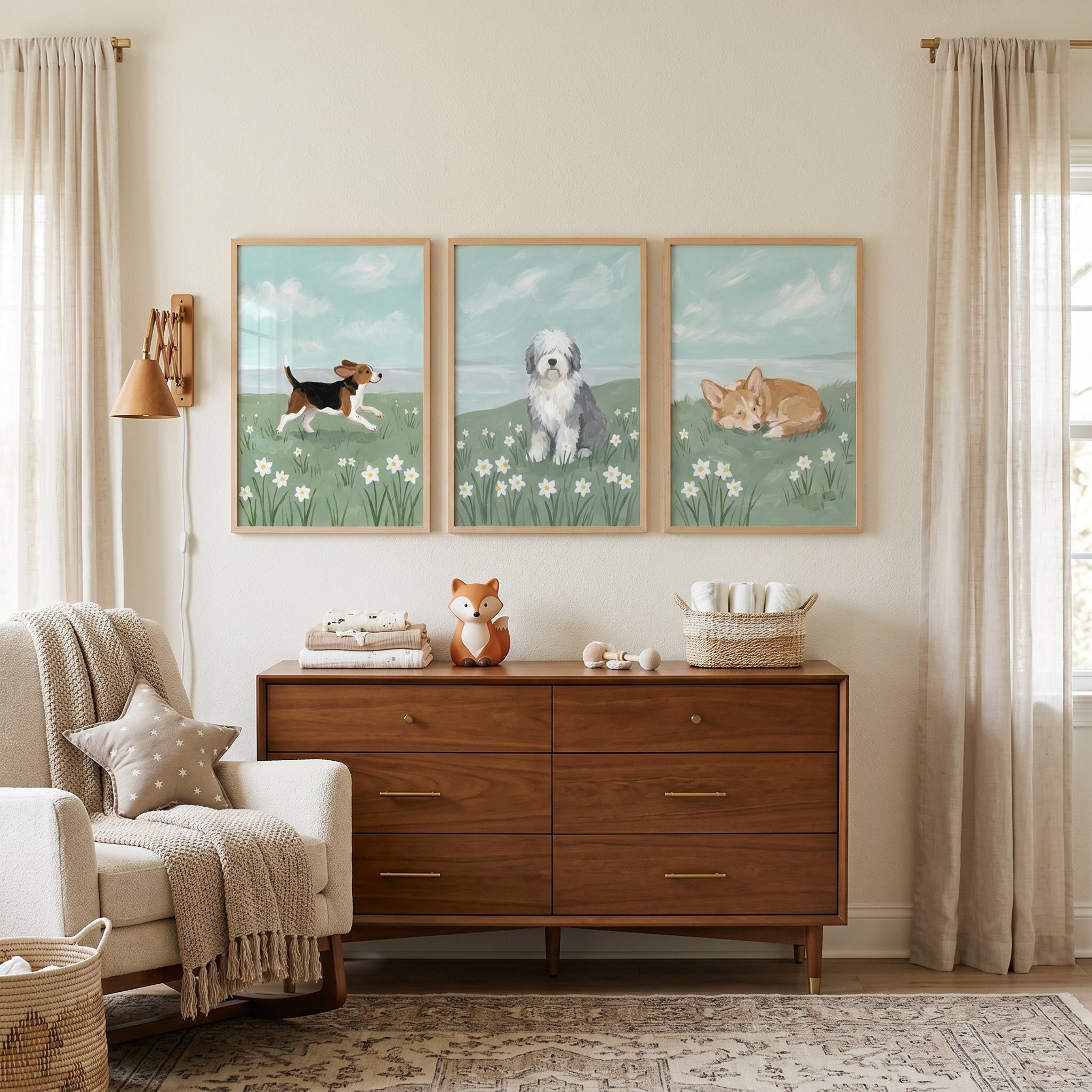 Soft Palette Flower Dog Wall Art Set of 3 - Canine Meadow Days
