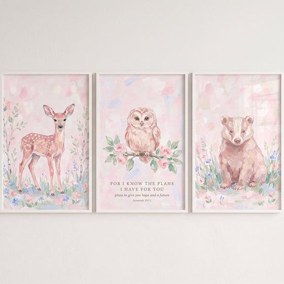 Watercolor-style deer, owl, and bear in a soft palette forest animals wall art set of 3 with a scripture verse.