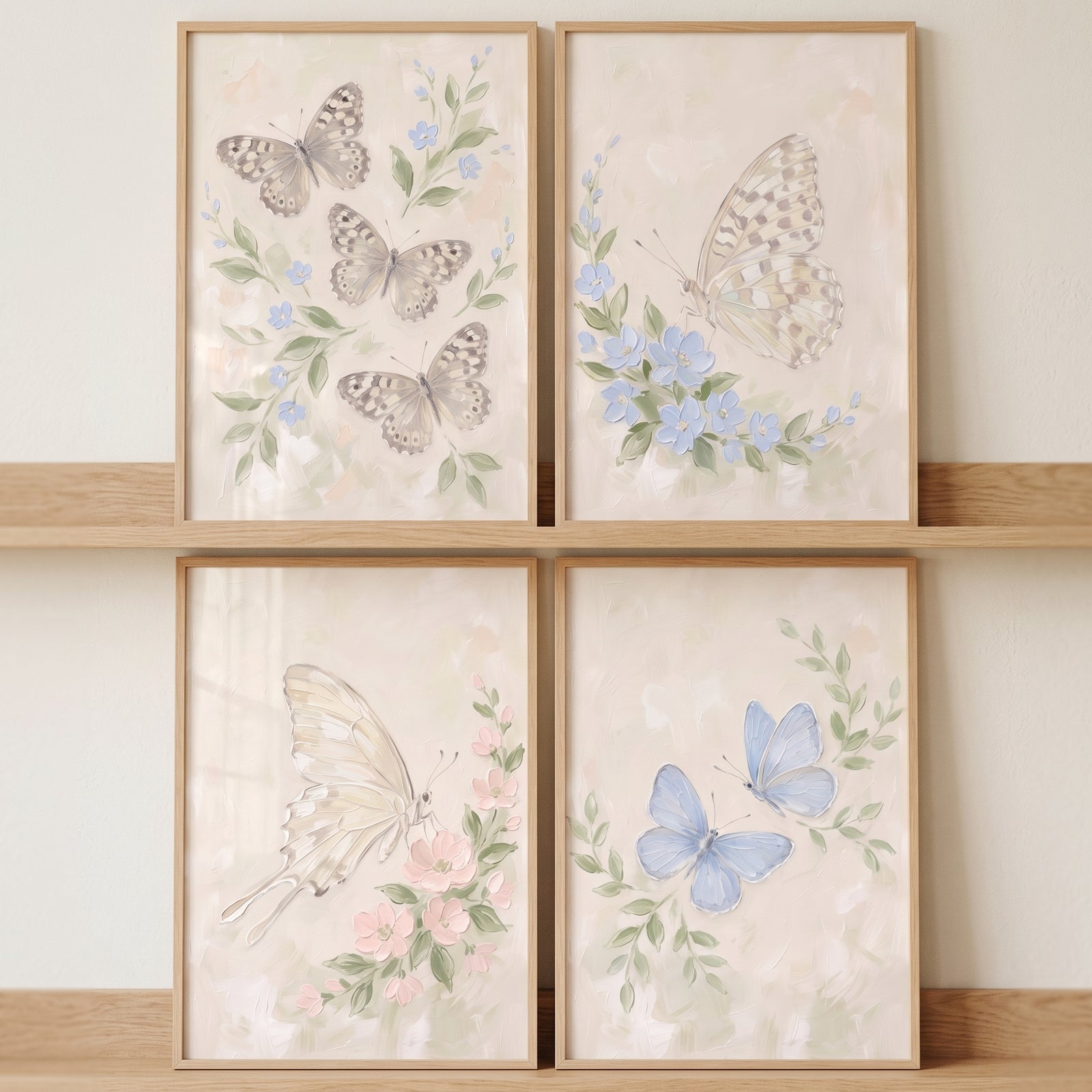 Soft palette garden butterfly wall art set of 4 featuring muted illustrations of insects and flowers in wood frames.