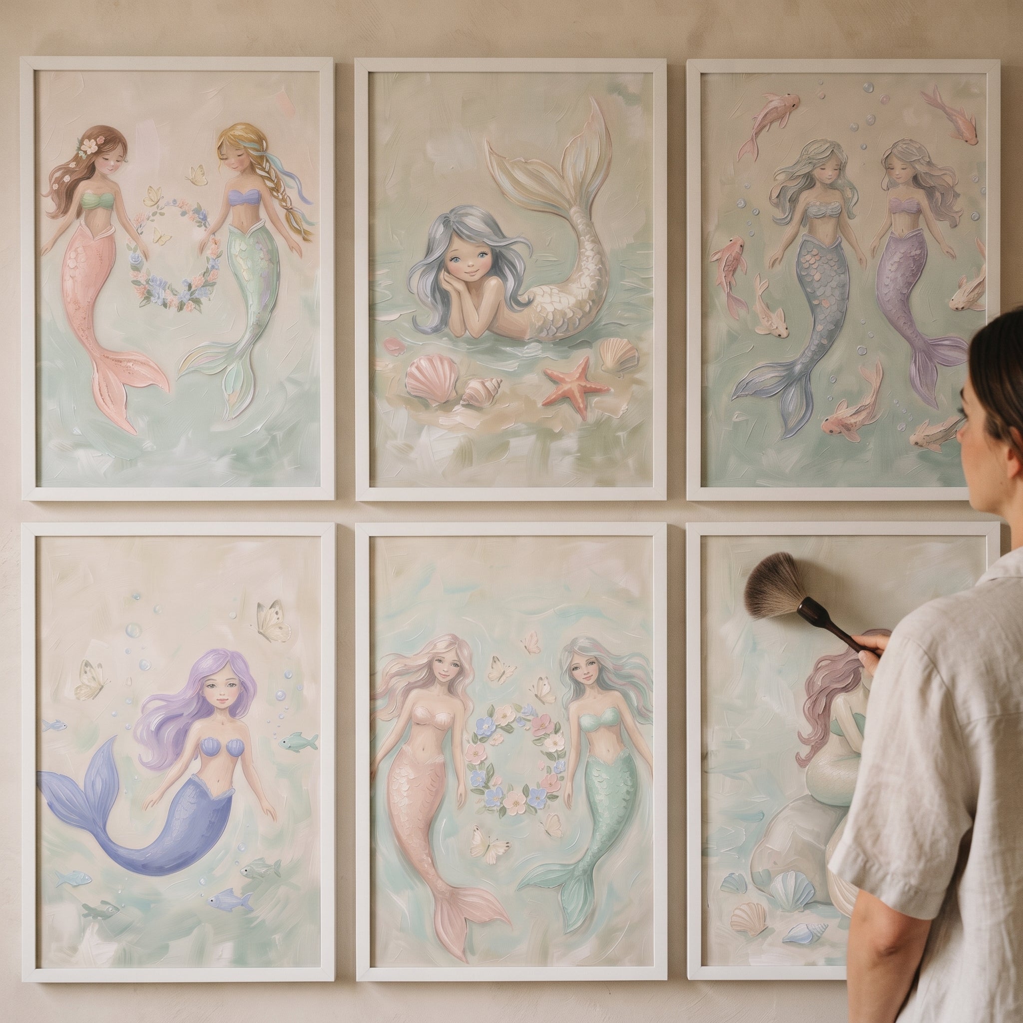 Soft Palette Mermaid Wall Art Set of 6 - Ethereal Ocean Friends