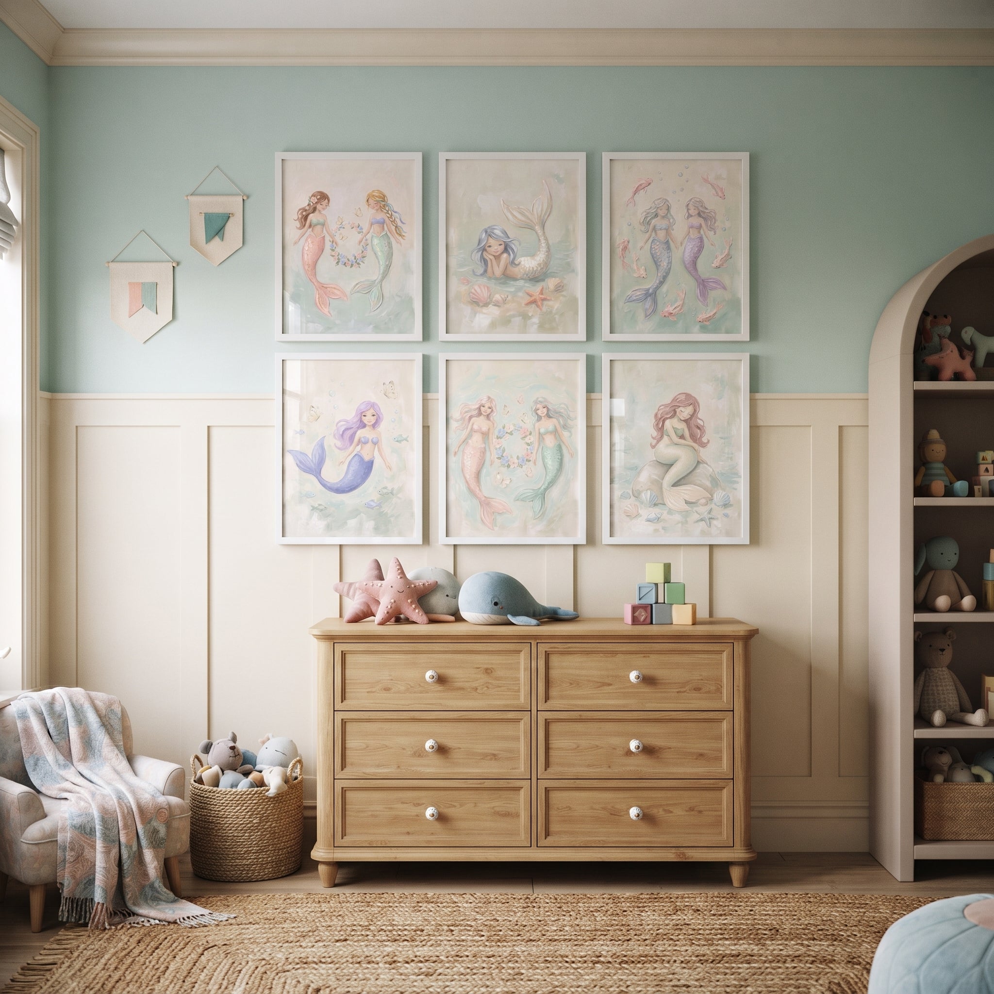 Soft Palette Mermaid Wall Art Set of 6 - Ethereal Ocean Friends