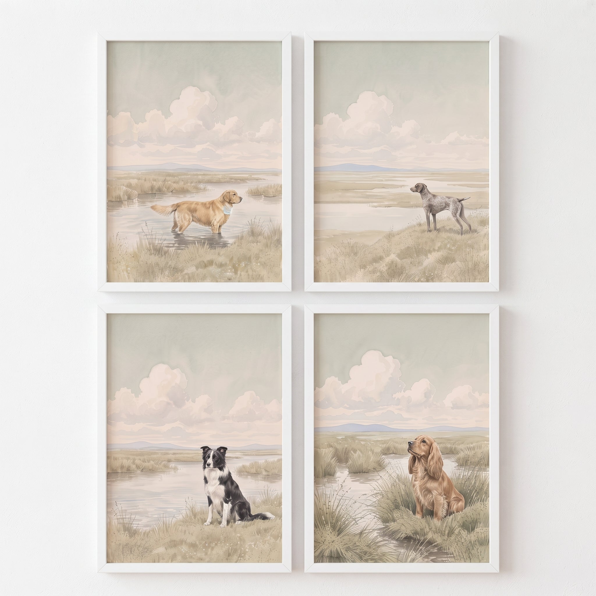 Soft Palette Wetland Dog Wall Art Set Of 4 - Serene Field Hounds