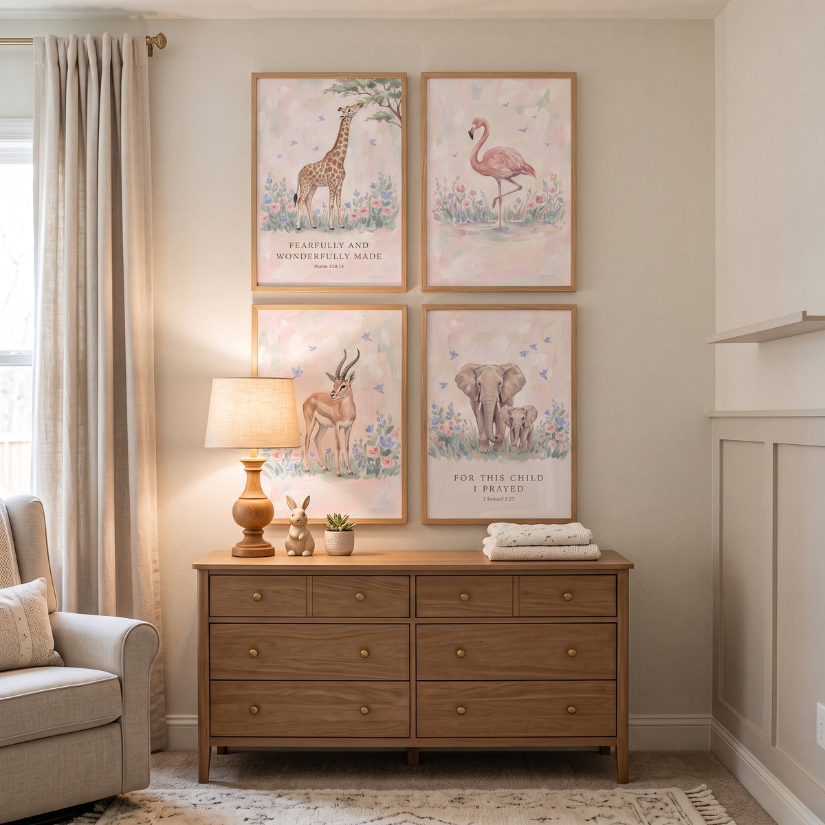 Soft Pastel African Animals Wall Art Set Of 4 - Gentle Savanna Faith