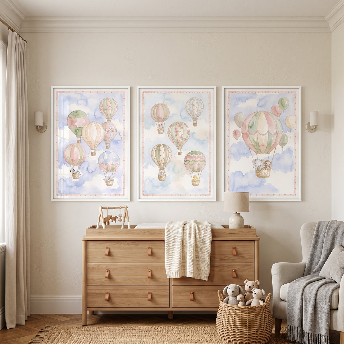 Soft Pastel Animal Balloon Wall Art Set Of 3 - Pastel Cloud Journey