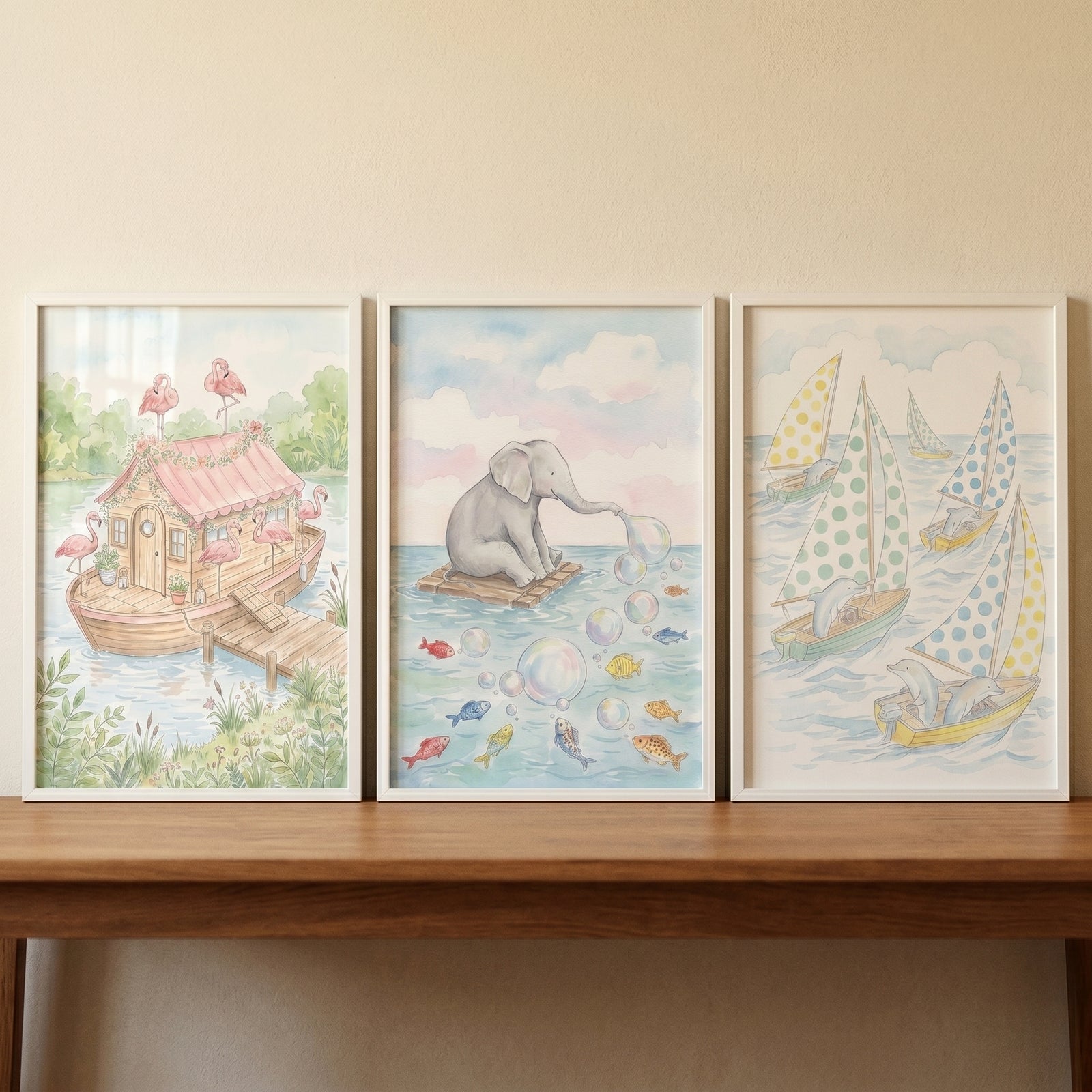 Soft pastel aquatic animal wall art set of 3 featuring flamingos, an elephant blowing bubbles, and sailboats with dolphins.
