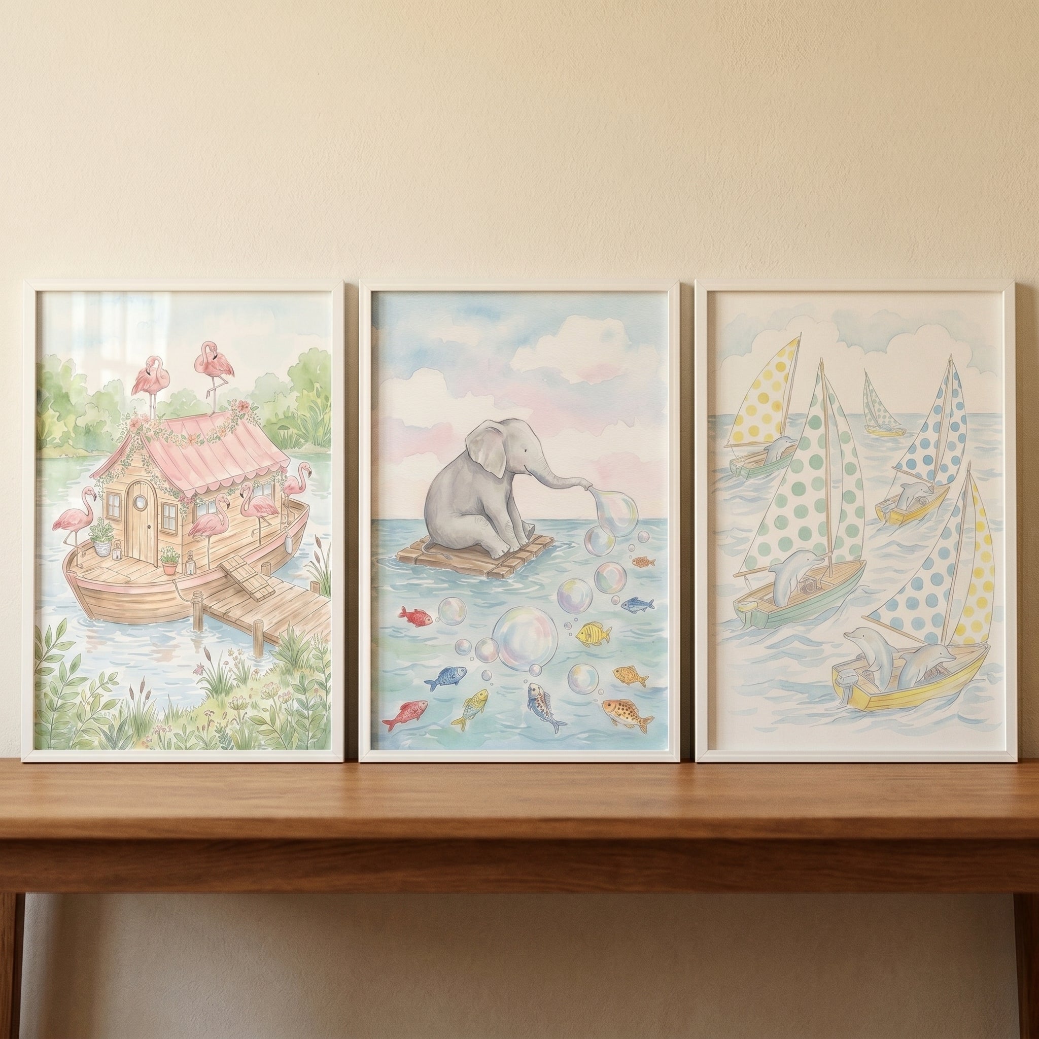 Soft Pastel Aquatic Animal Wall Art Set of 3 - Whimsical Sea Voyages