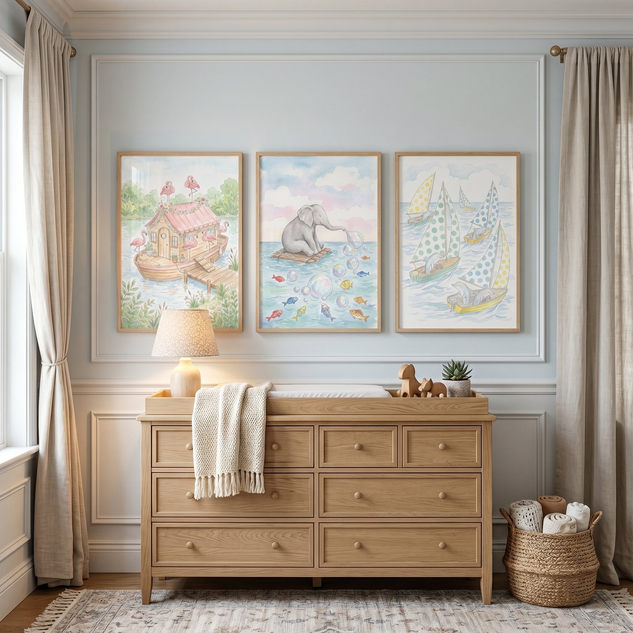 Soft Pastel Aquatic Animal Wall Art Set of 3 - Whimsical Sea Voyages