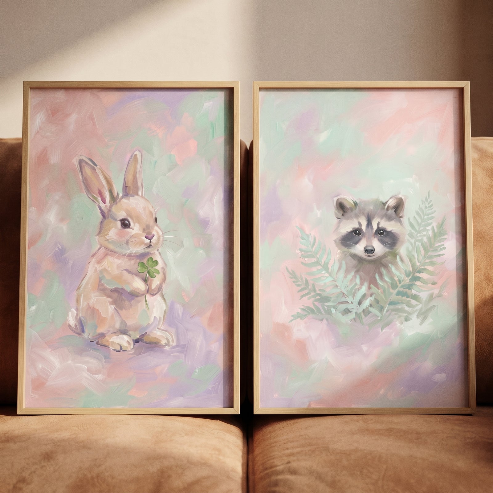 Soft pastel baby animal wall art set of 2 featuring a bunny with a clover and a raccoon among green ferns.