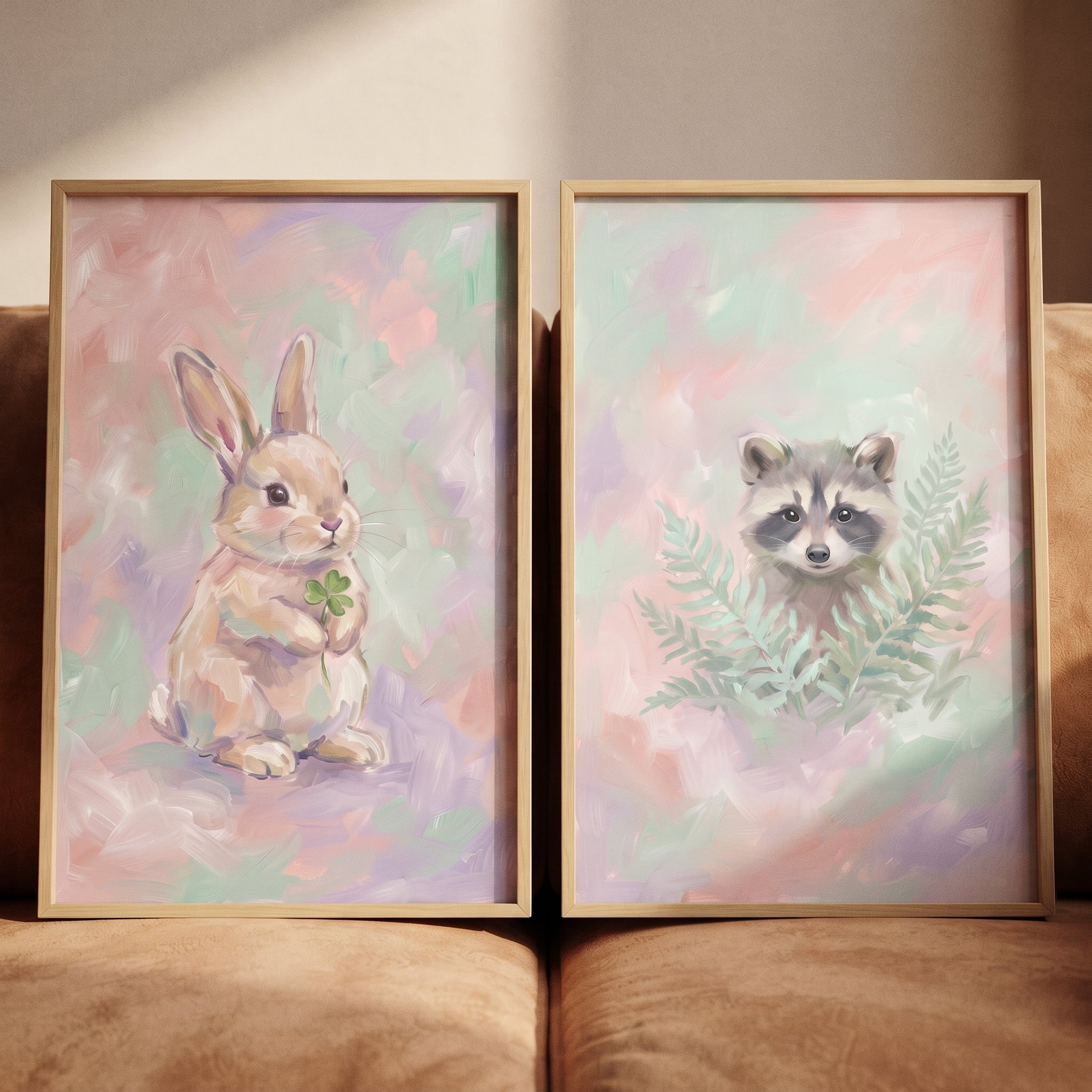 Soft Pastel Baby Animal Wall Art Set of 2 - Gentle Nature Pals