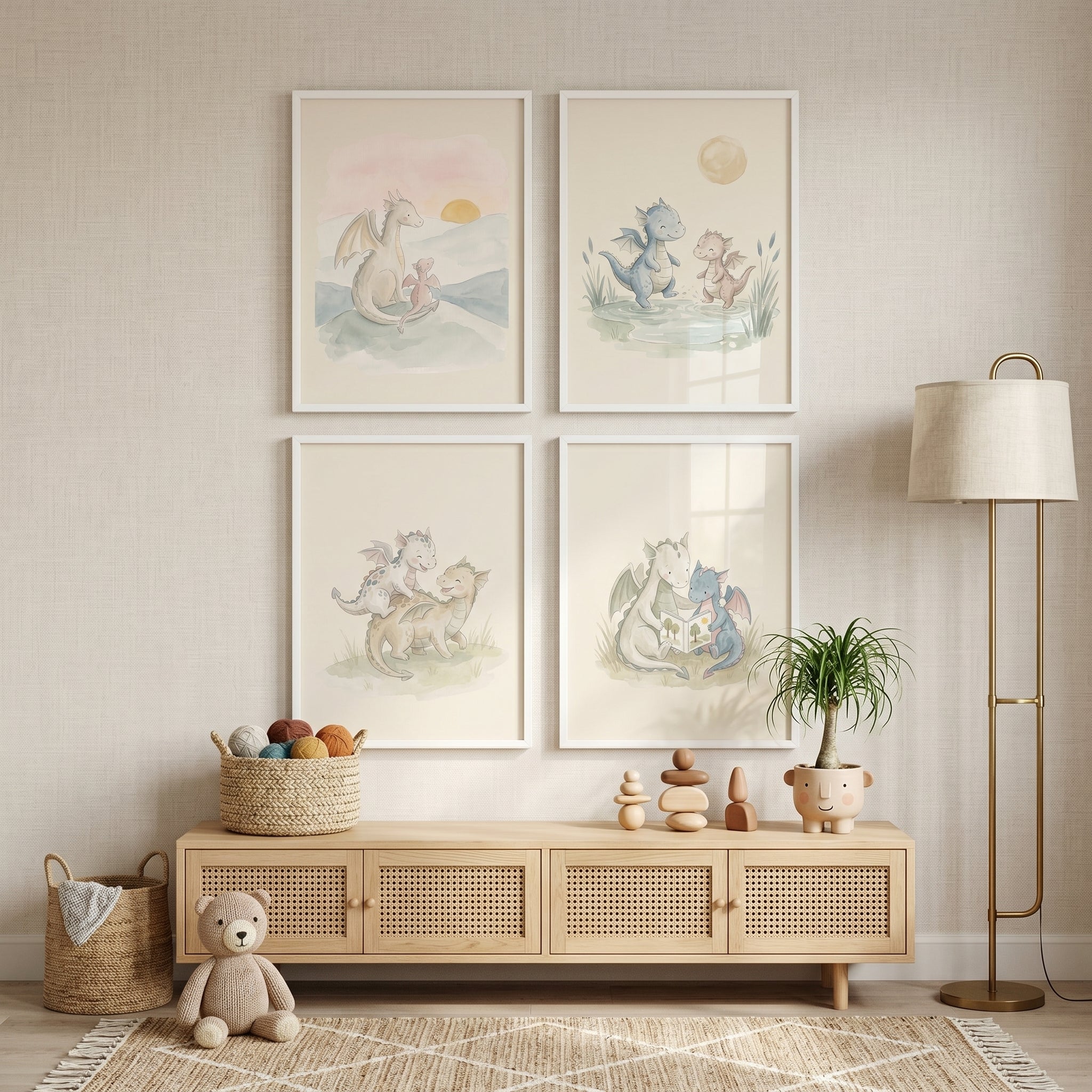 Soft Pastel Baby Dragon Wall Art Set of 4 - Sweet Dragon Pals