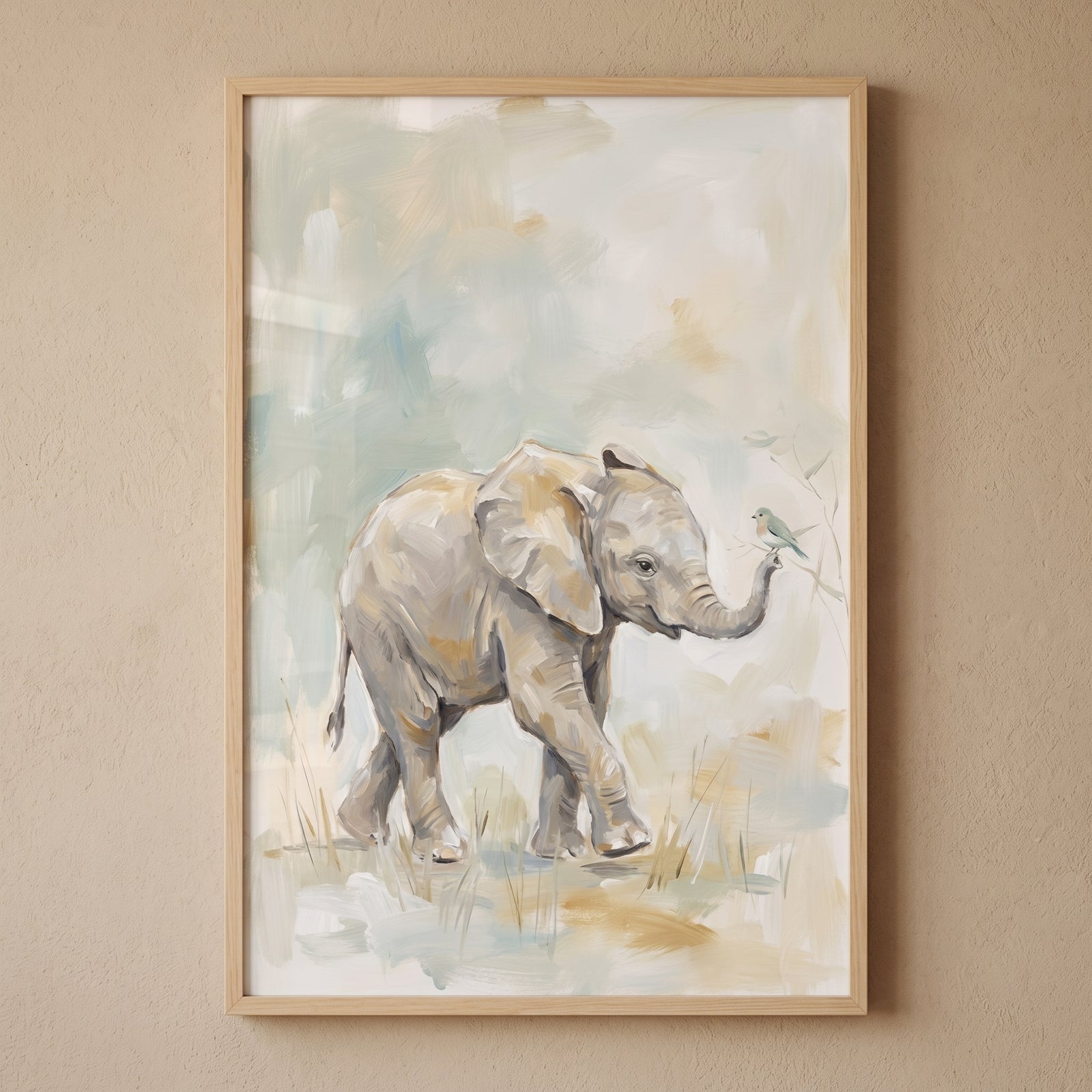 Soft pastel baby elephant wall art of a small elephant with a blue bird on its trunk in a muted, hazy landscape.