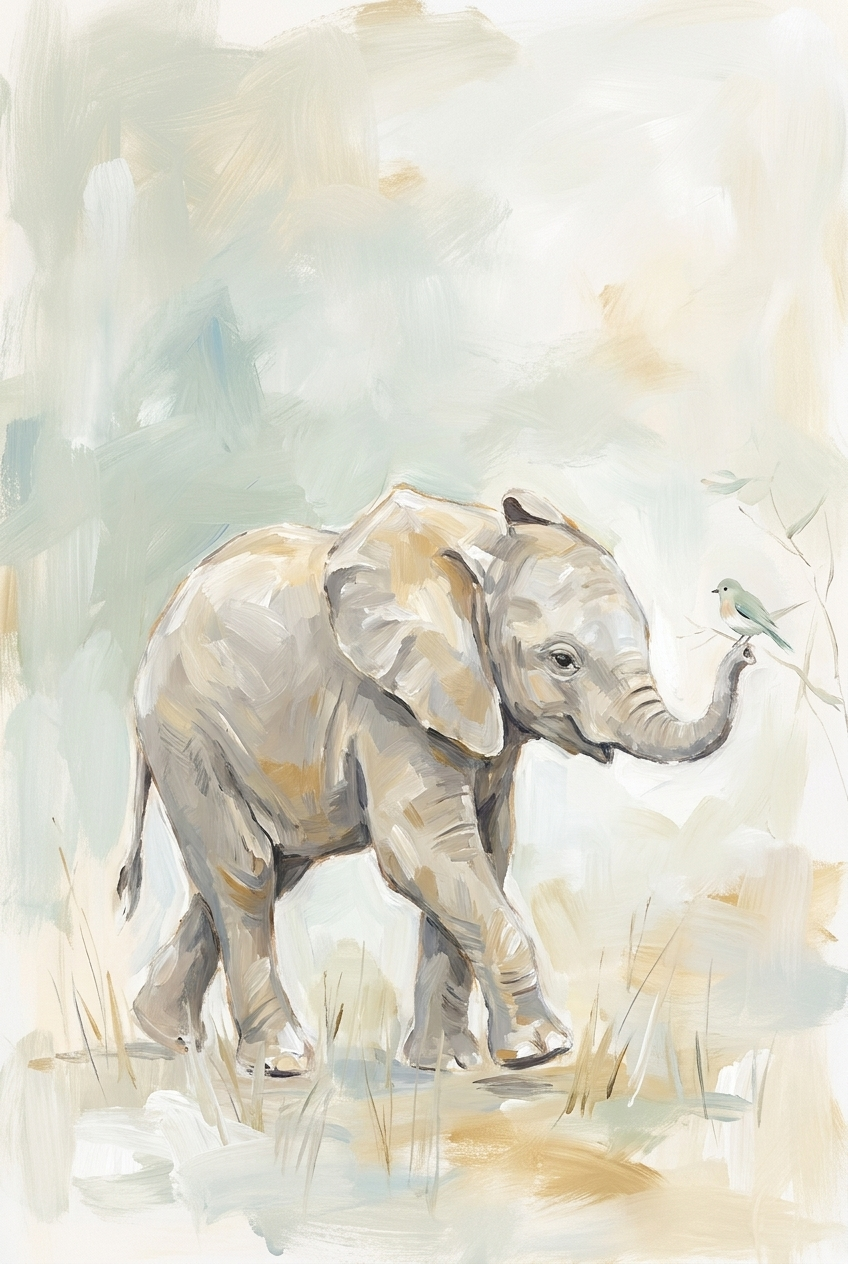 Soft Pastel Baby Elephant Wall Art - Gentle Trunk Greeting