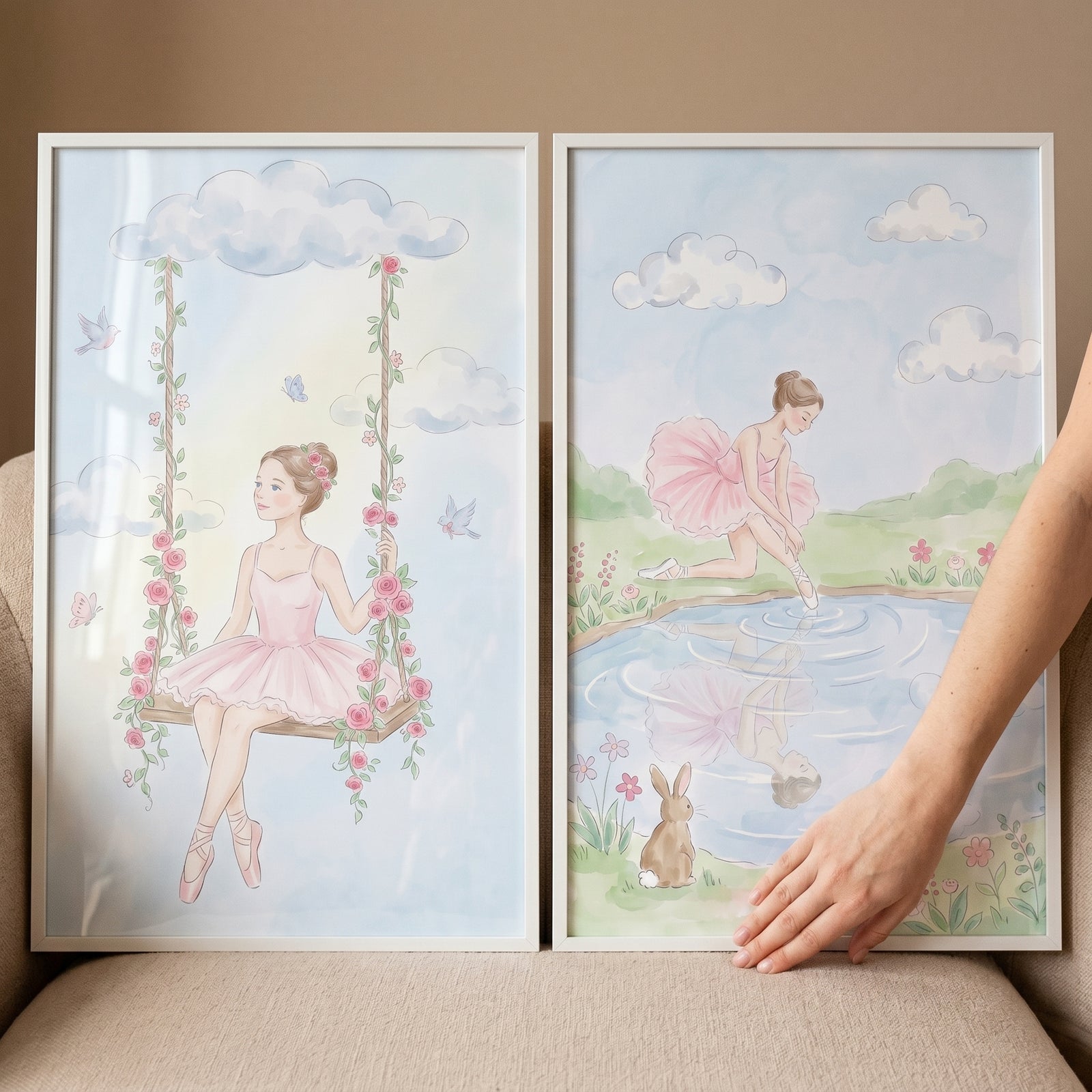 Framed soft pastel ballerina wall art set of 2 features a girl on a floral swing and another by a pond with a rabbit.