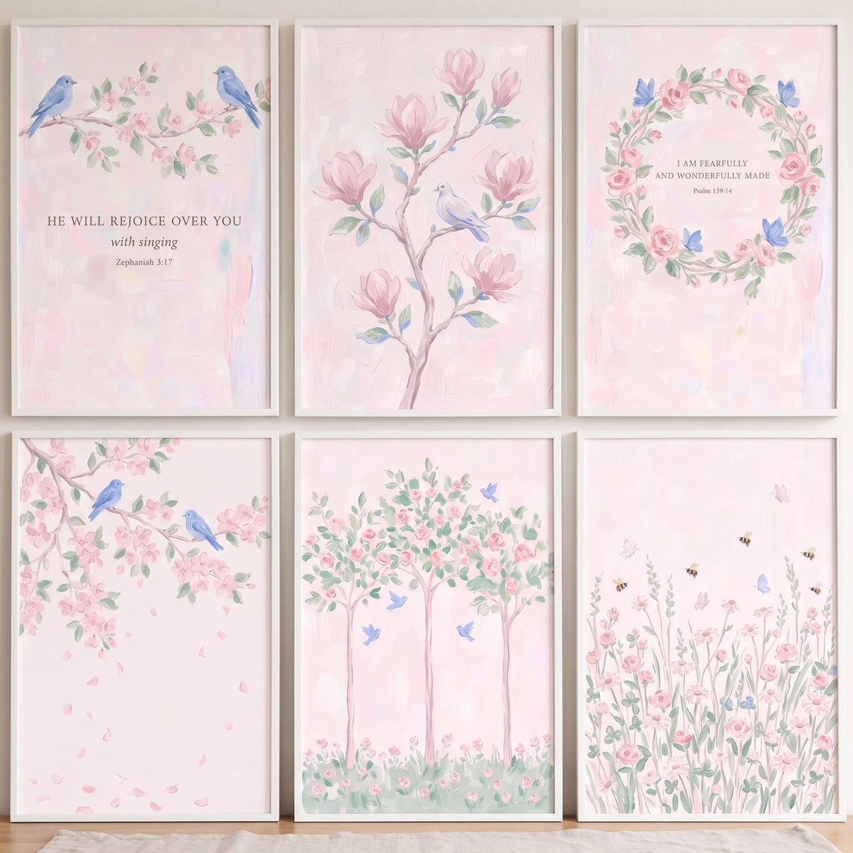Watercolor soft pastel blossom garden wall art set of 6 with pink flowers, blue birds, butterflies, and Bible verses.