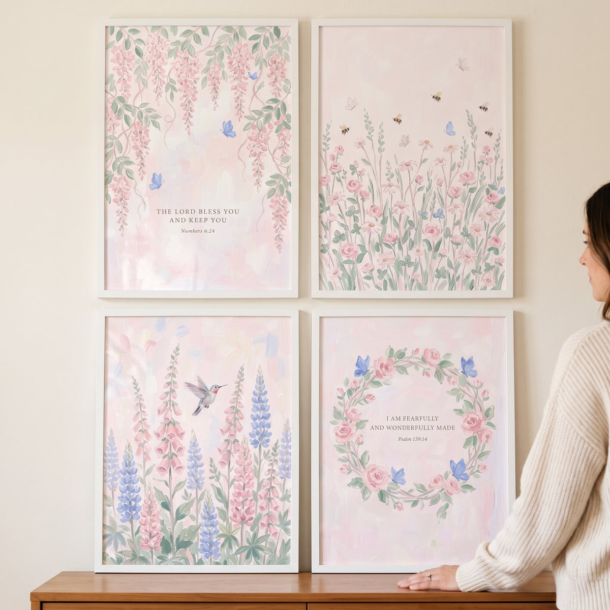 Soft Pastel Blue Butterfly Wall Art Set Of 4 - Serene Sacred Blooms