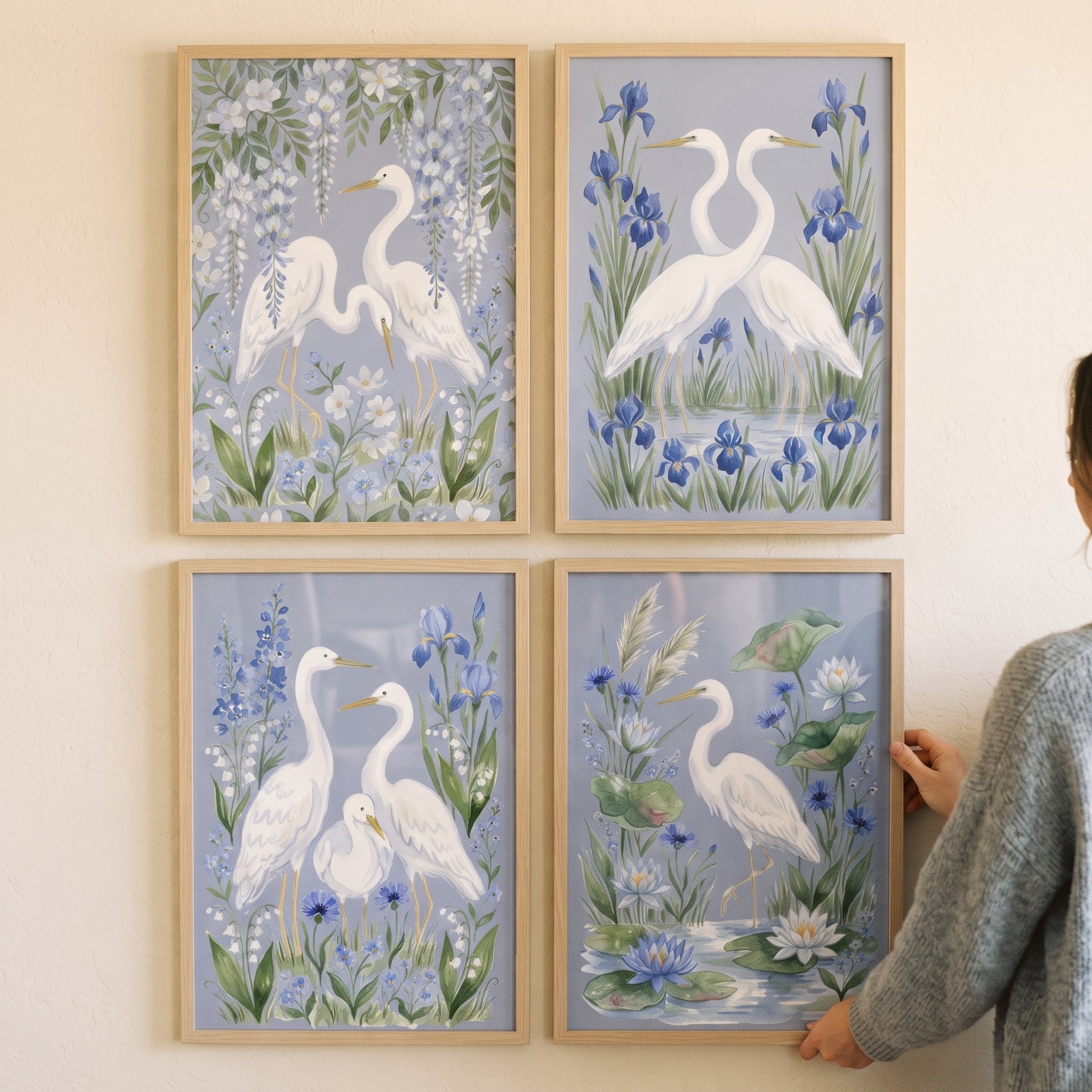Soft Pastel Blue Egret Bird Wall Art Set of 4 - Serene Heron Haven