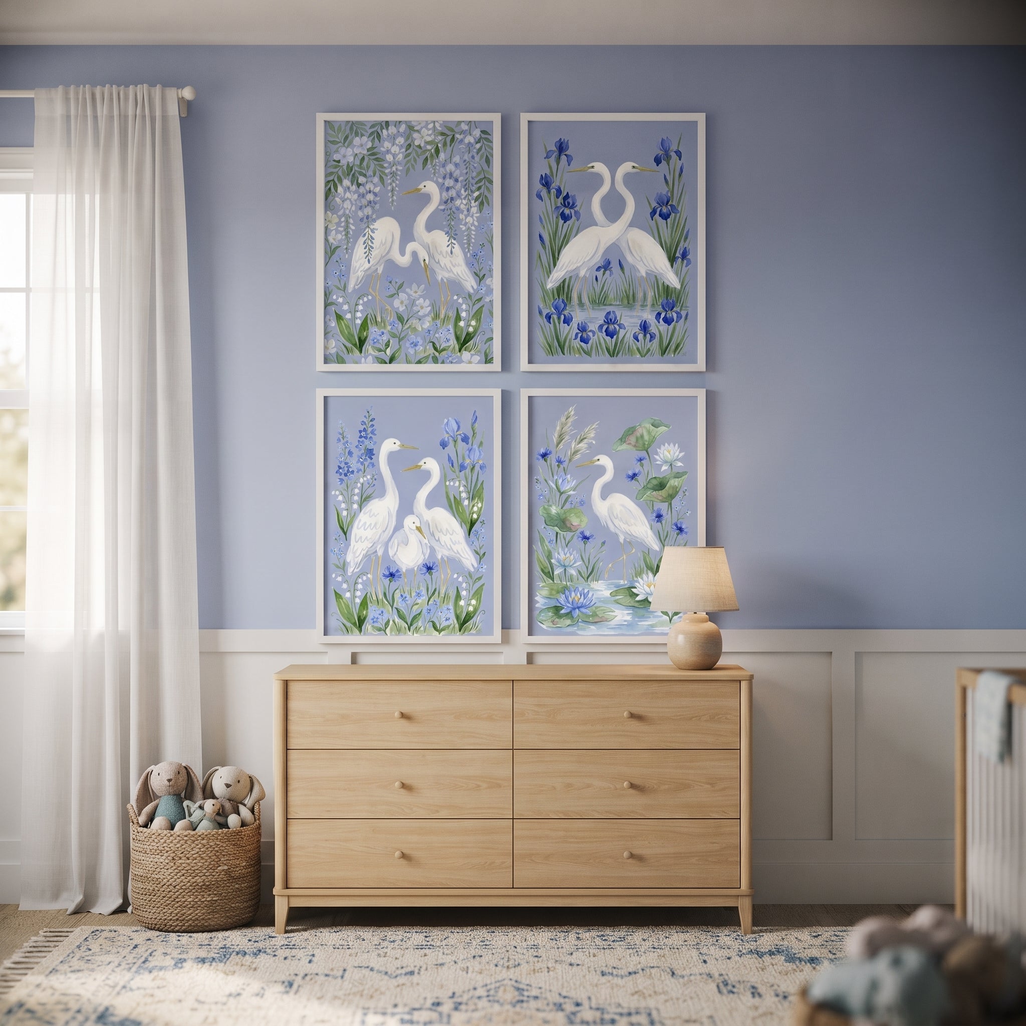 Soft Pastel Blue Egret Bird Wall Art Set of 4 - Serene Heron Haven