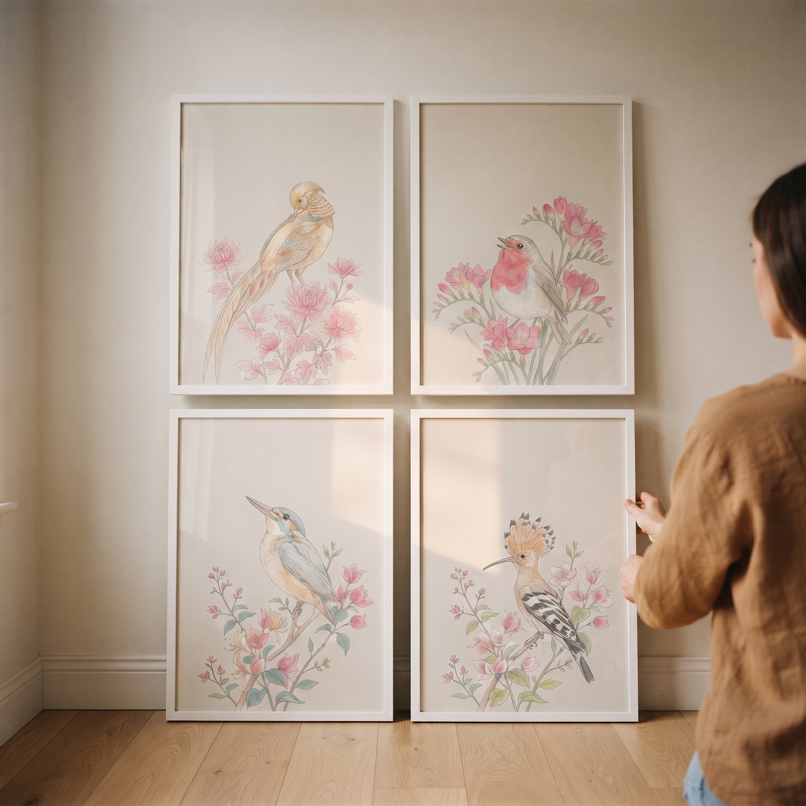 A person hangs a soft pastel botanical bird wall art set of 4 framed prints on a neutral interior wall.