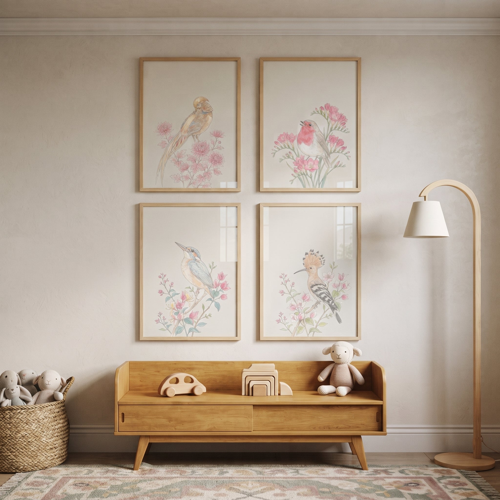 Soft Pastel Botanical Bird Wall Art Set of 4 - Soft Avian Sketches