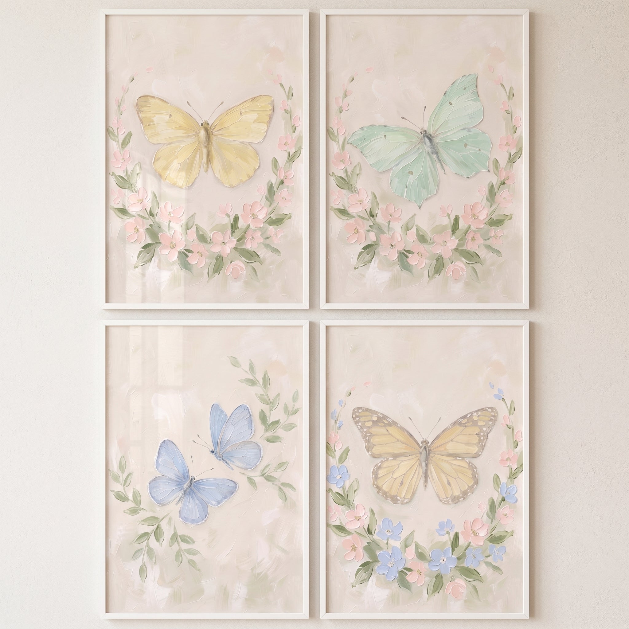 Soft Pastel Botanical Butterfly Wall Art Set of 4 - Whimsical Winged Blooms
