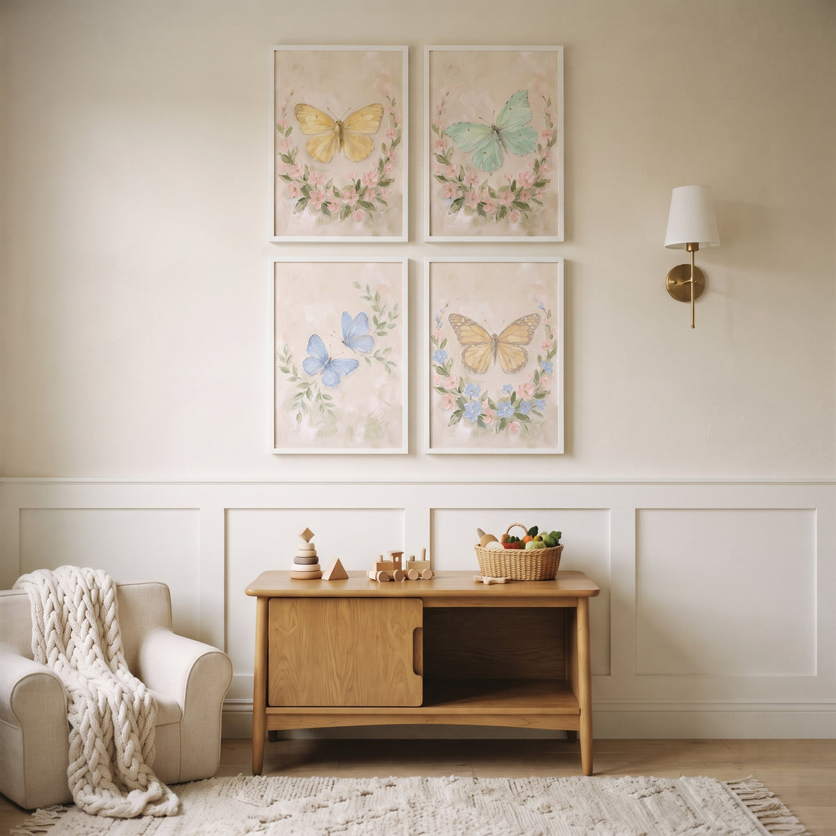 Soft Pastel Botanical Butterfly Wall Art Set of 4 - Whimsical Winged Blooms