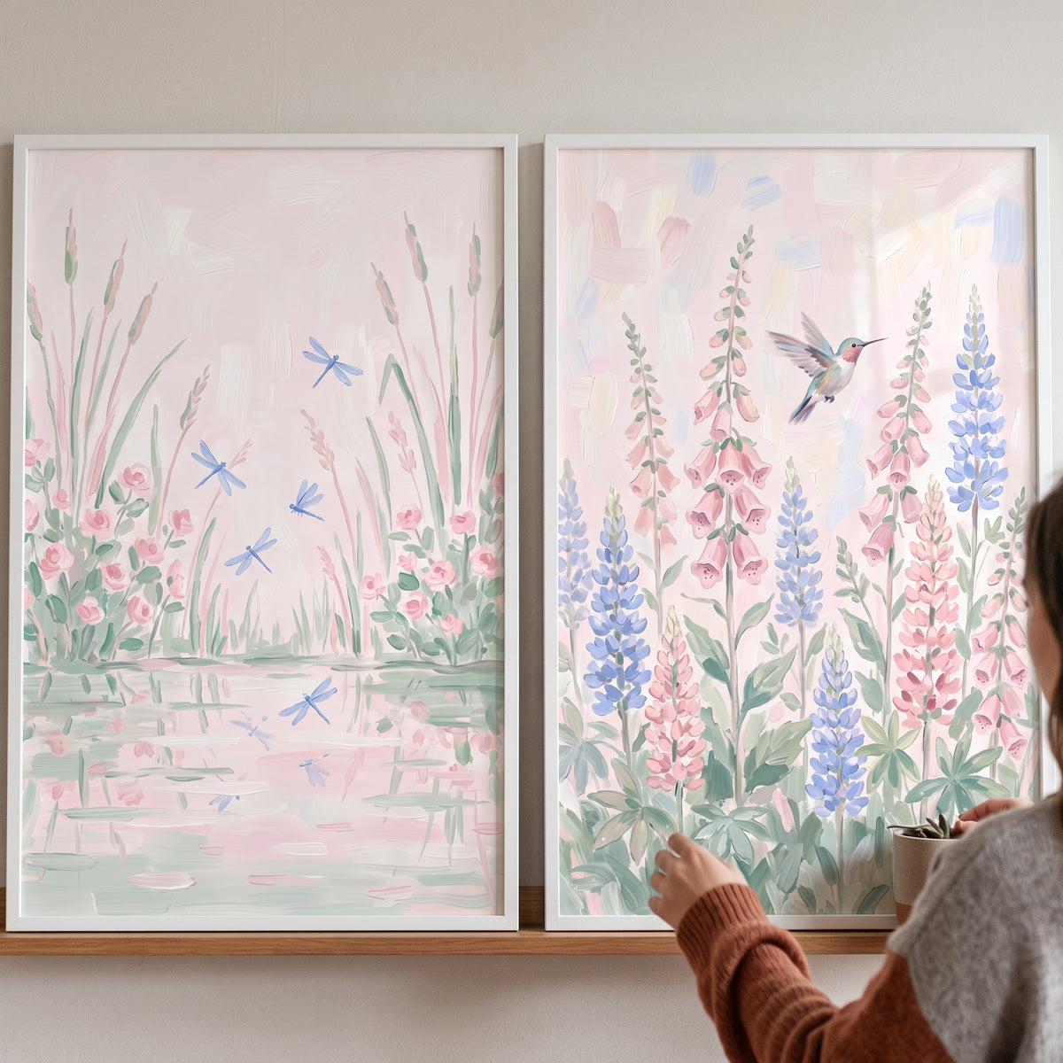 Soft Pastel Botanical Garden Wall Art Set of 2 - Meadow Flutter Duo
