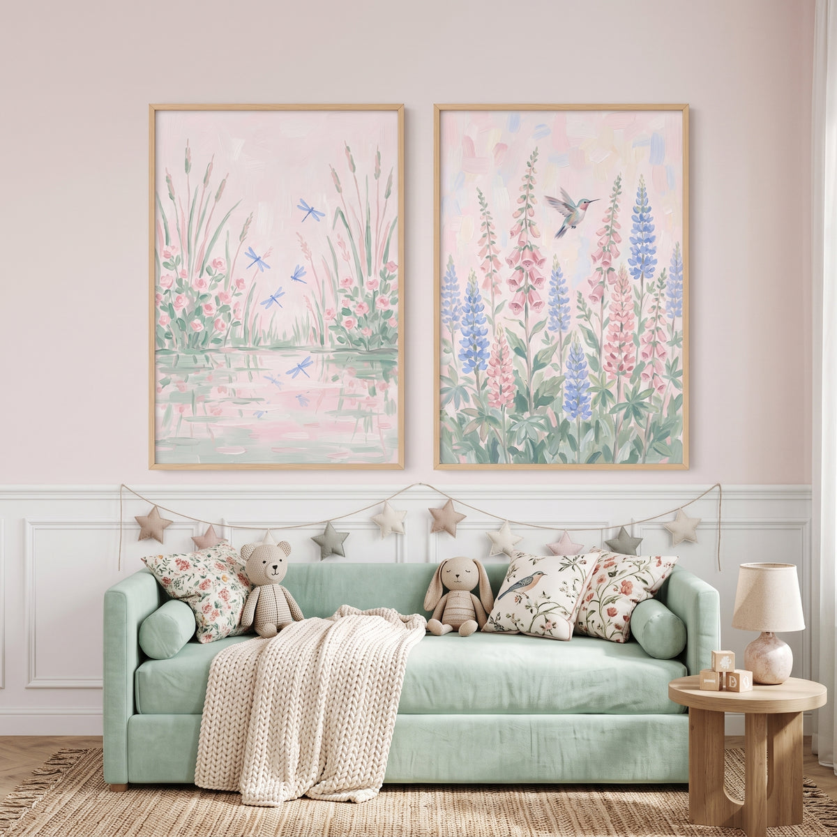 Soft Pastel Botanical Garden Wall Art Set of 2 - Meadow Flutter Duo