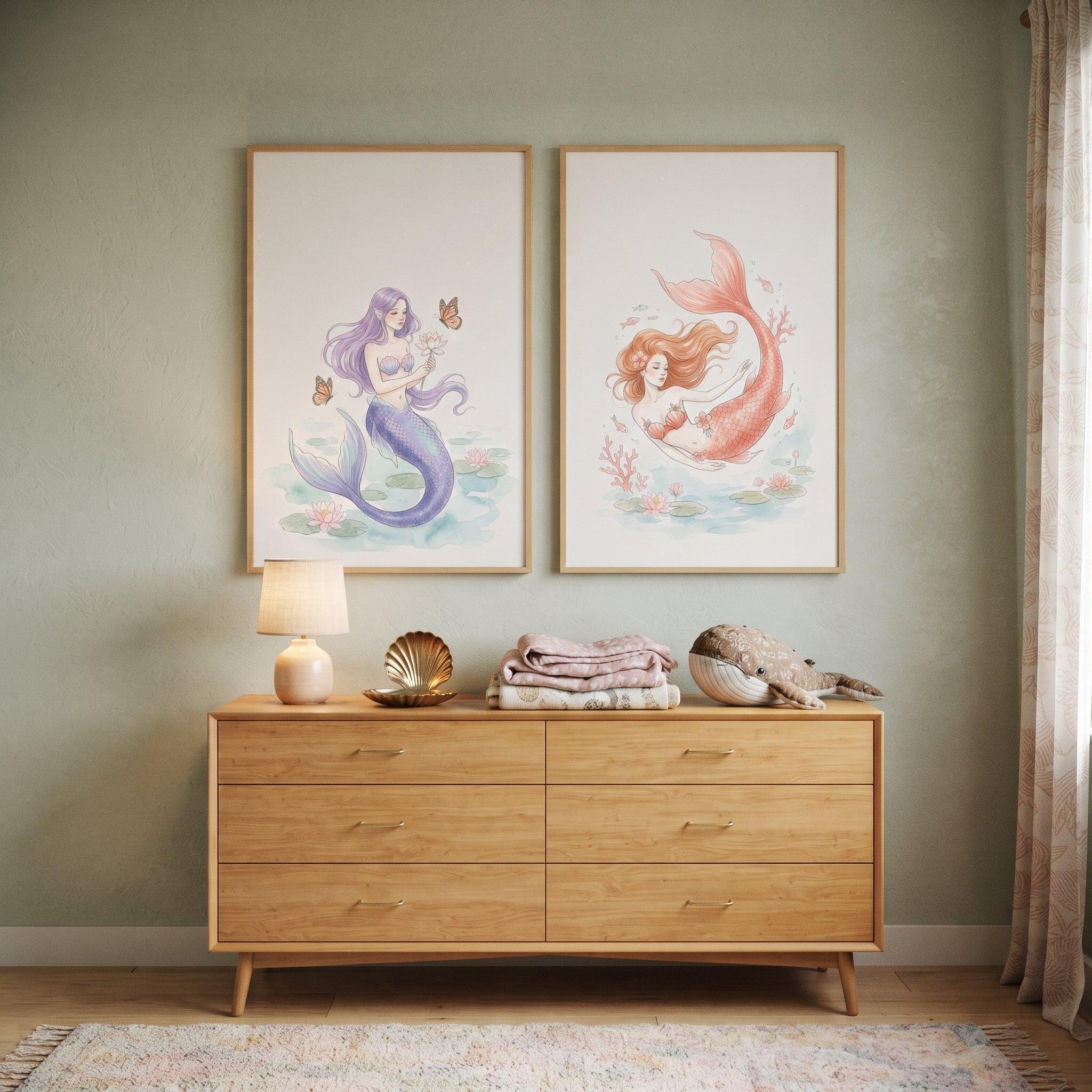 Soft Pastel Botanical Mermaid Wall Art Set of 2 - Whimsical Mermaid Duo