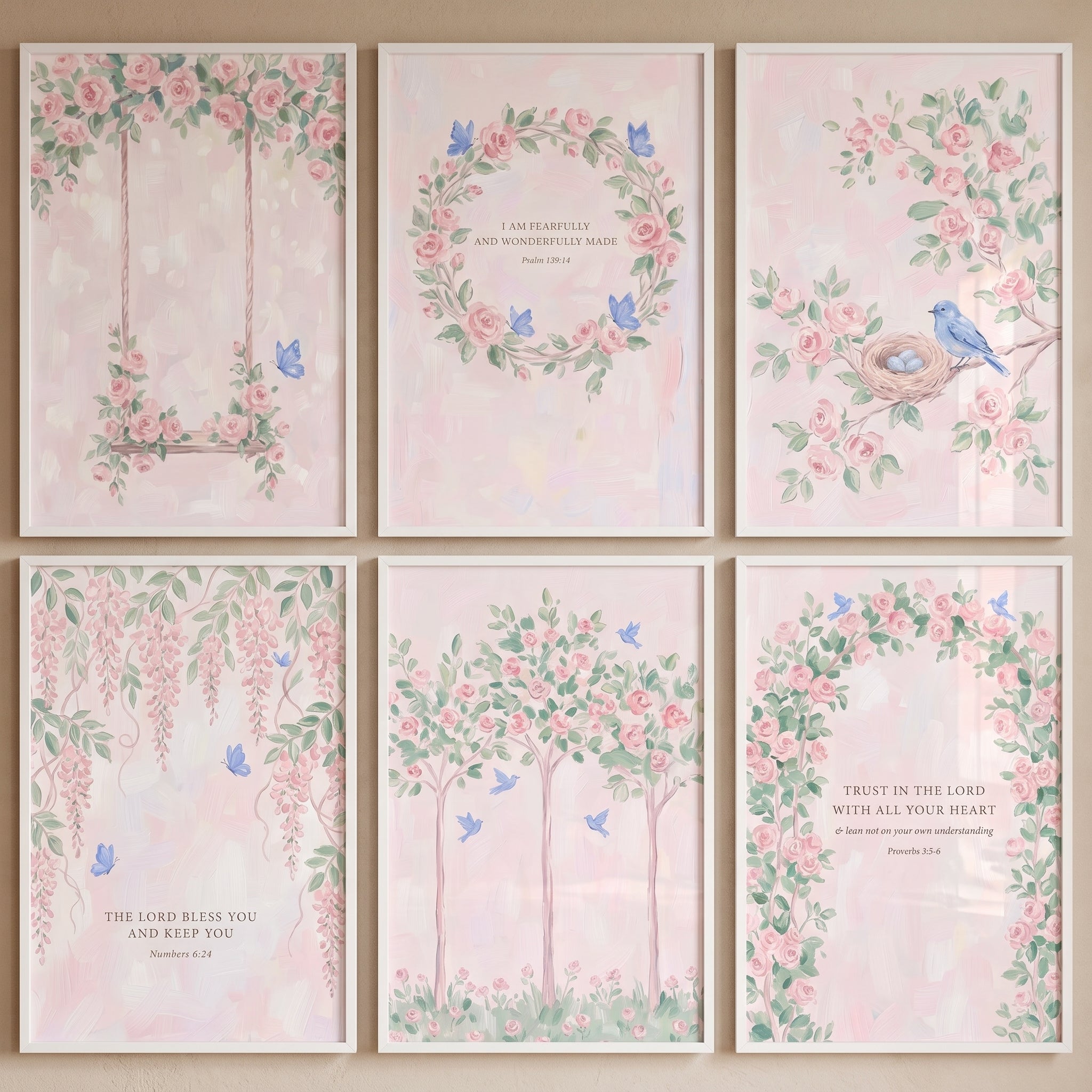 Soft Pastel Botanical Rose Floral Wall Art Set of 6 - Sacred Garden Blooms