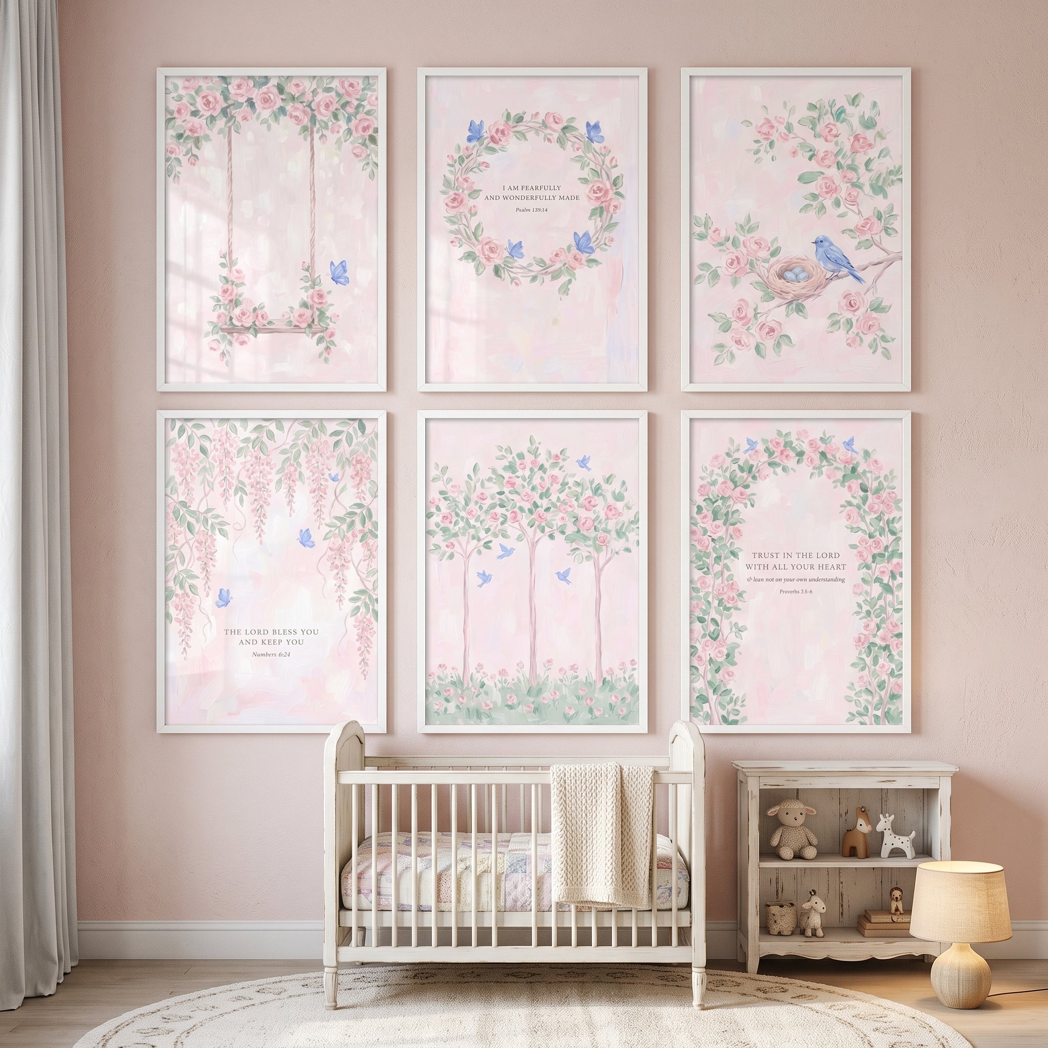Soft Pastel Botanical Rose Floral Wall Art Set of 6 - Sacred Garden Blooms