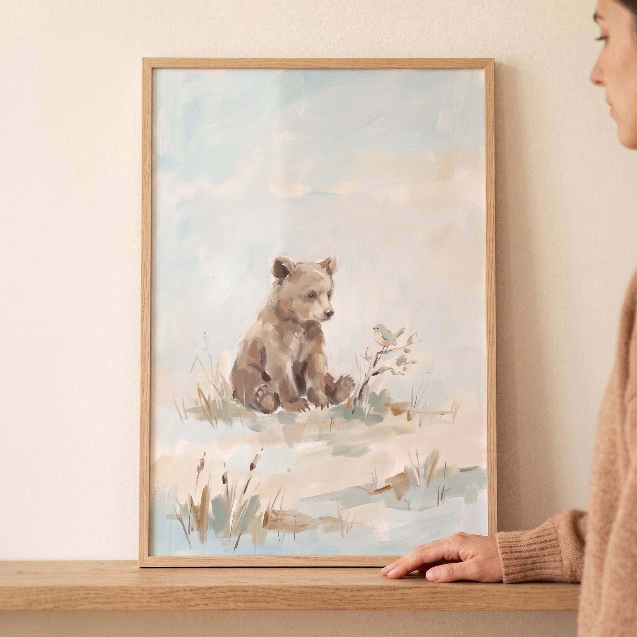 Soft Pastel Brown Bear Wall Art - Curious Bear Cub