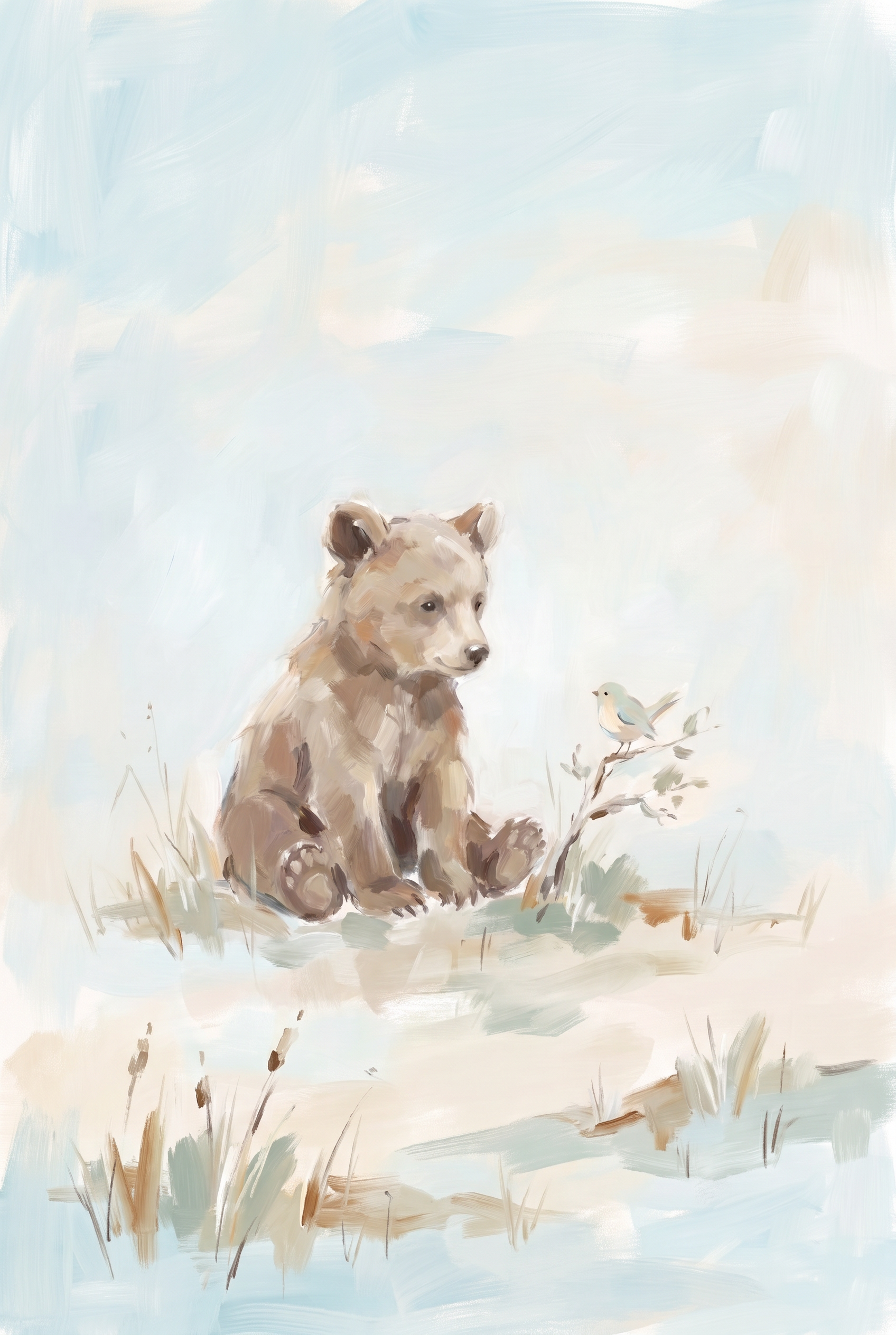Soft Pastel Brown Bear Wall Art - Curious Bear Cub