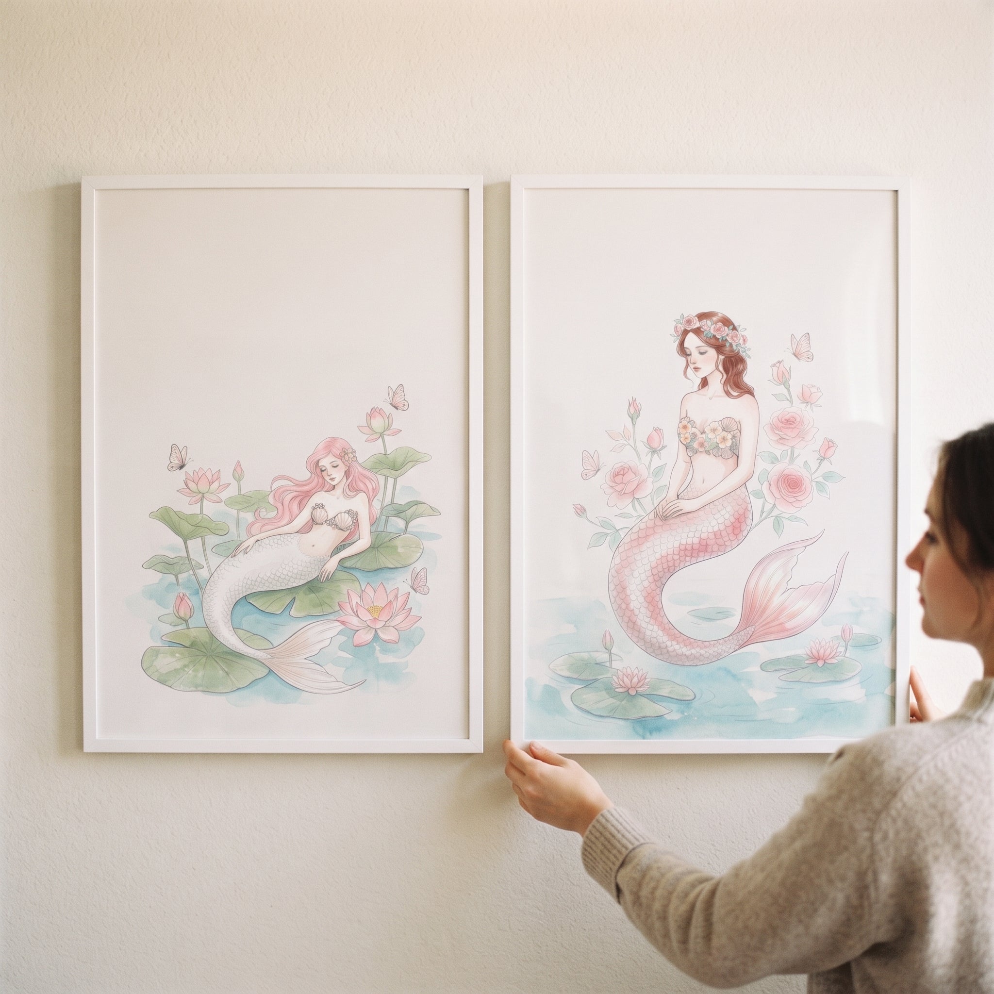 Soft Pastel Butterfly Mermaid Wall Art Set of 2 - Pastel Mermaid Bloom