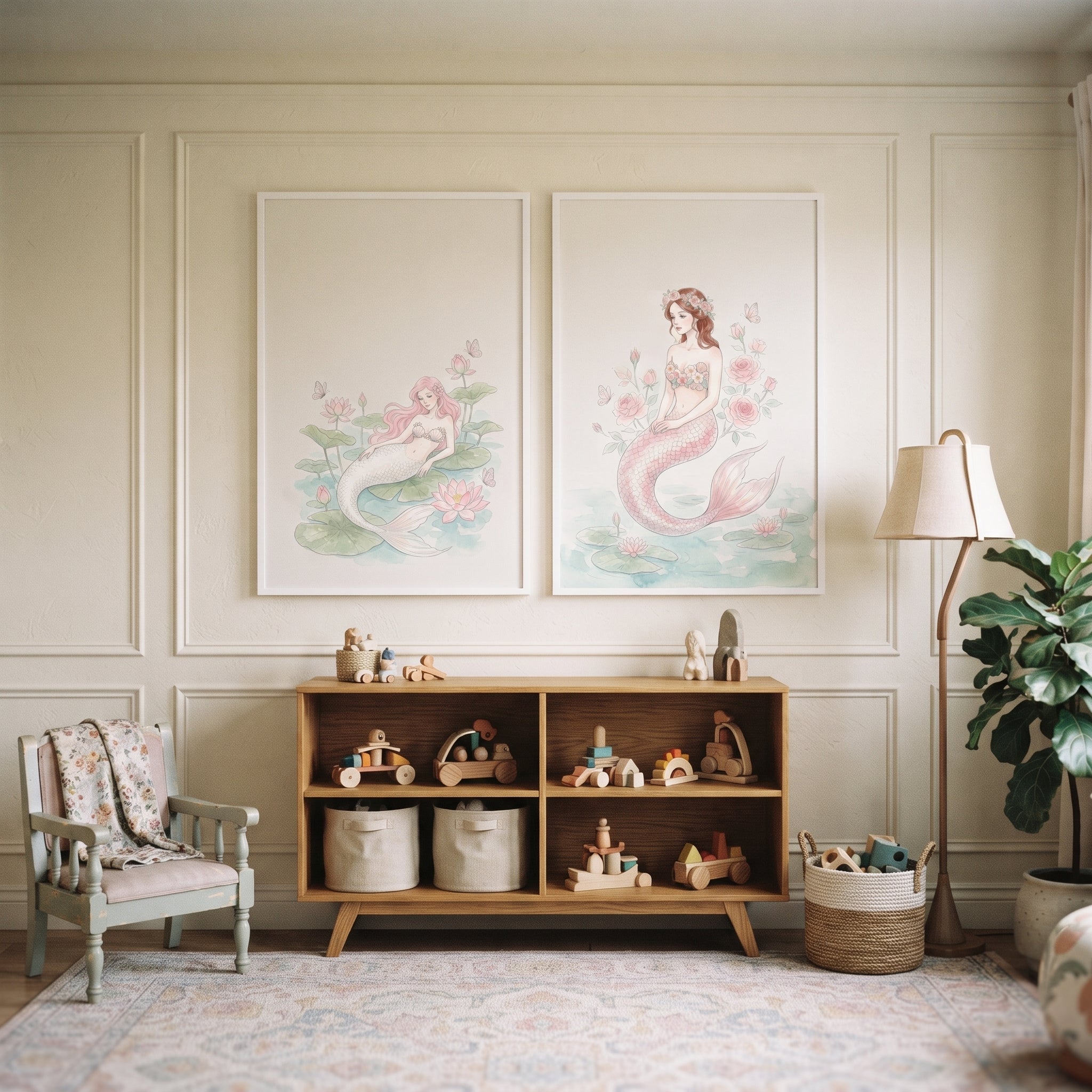 Soft Pastel Butterfly Mermaid Wall Art Set of 2 - Pastel Mermaid Bloom