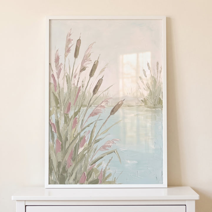 Framed soft pastel cattail pond wall art features textured green and pink reeds by a tranquil light blue pond.