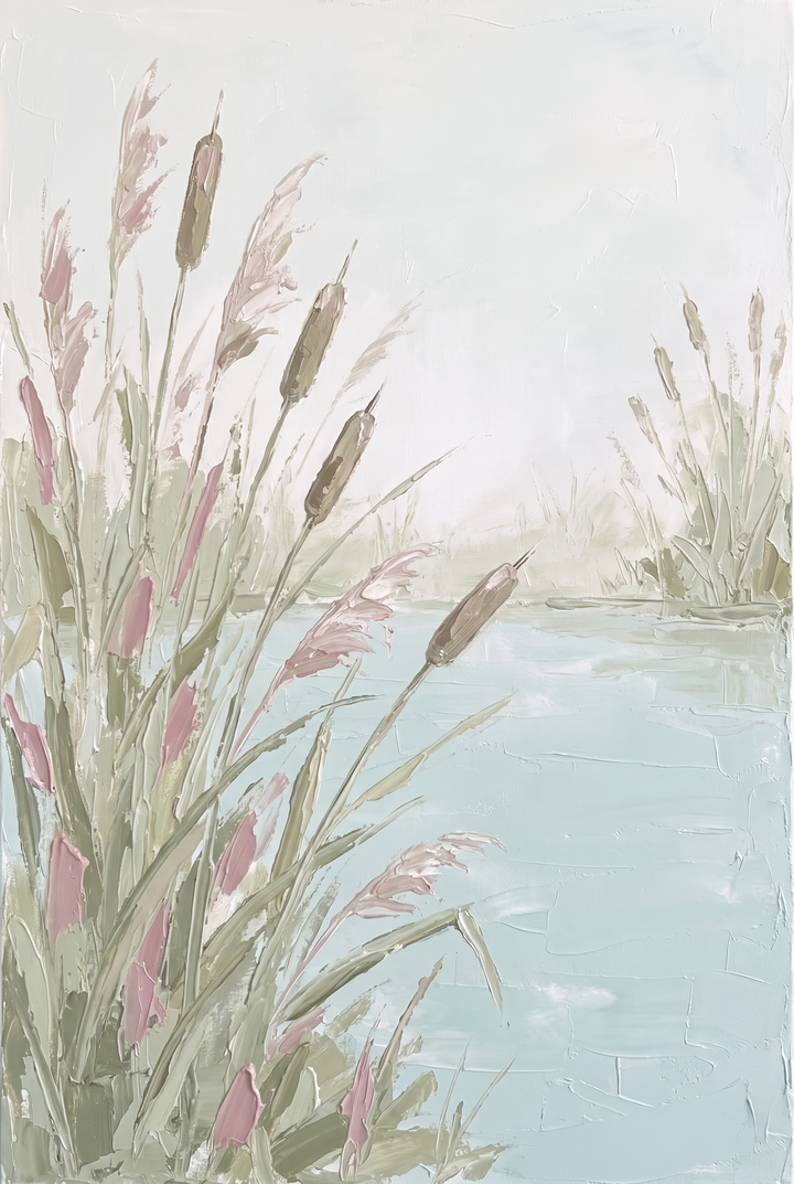 Textured soft pastel cattail pond wall art with muted pink and green reeds beside calm light blue water.