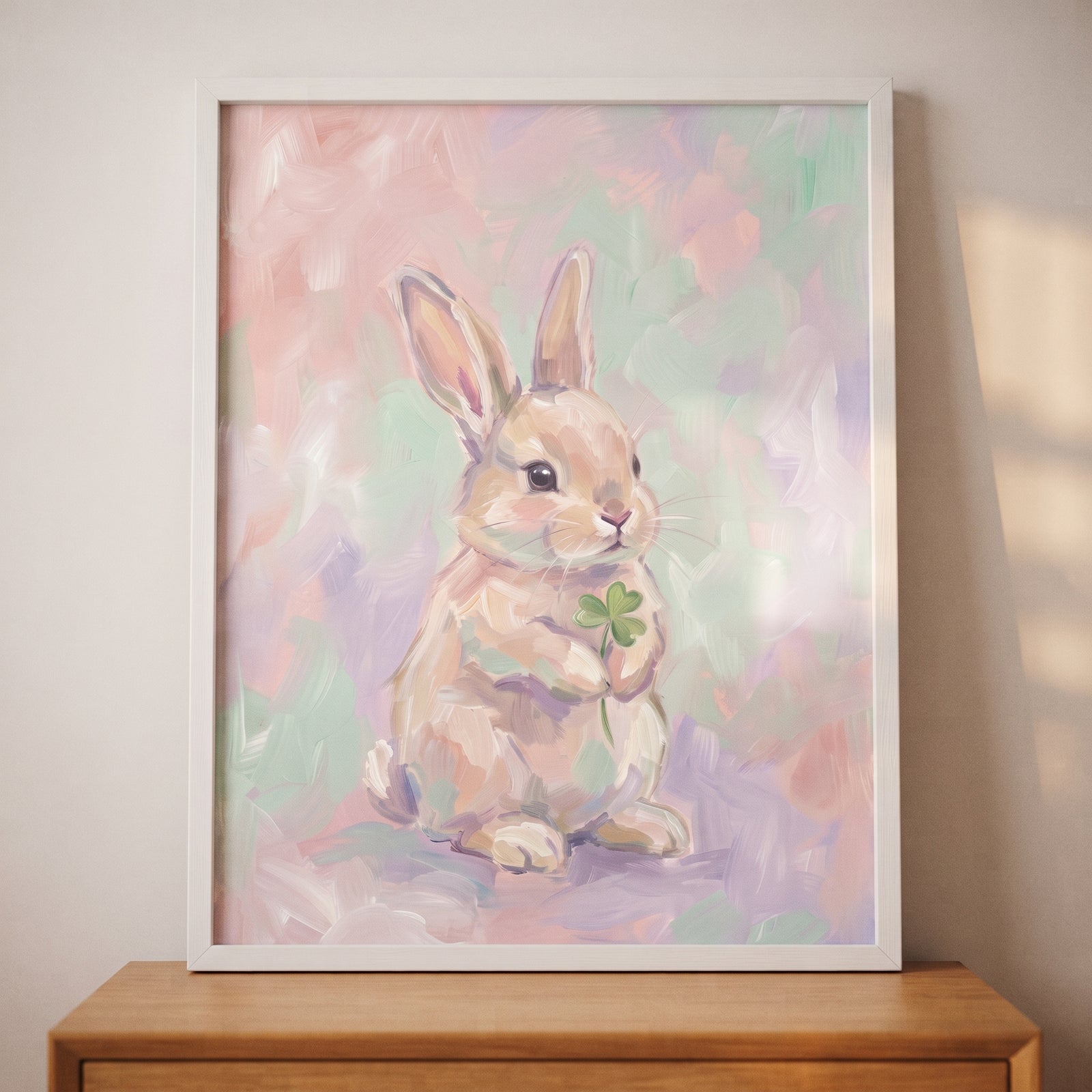 Soft pastel clover bunny wall art shows a light-colored rabbit holding a green clover sprig in a white frame.