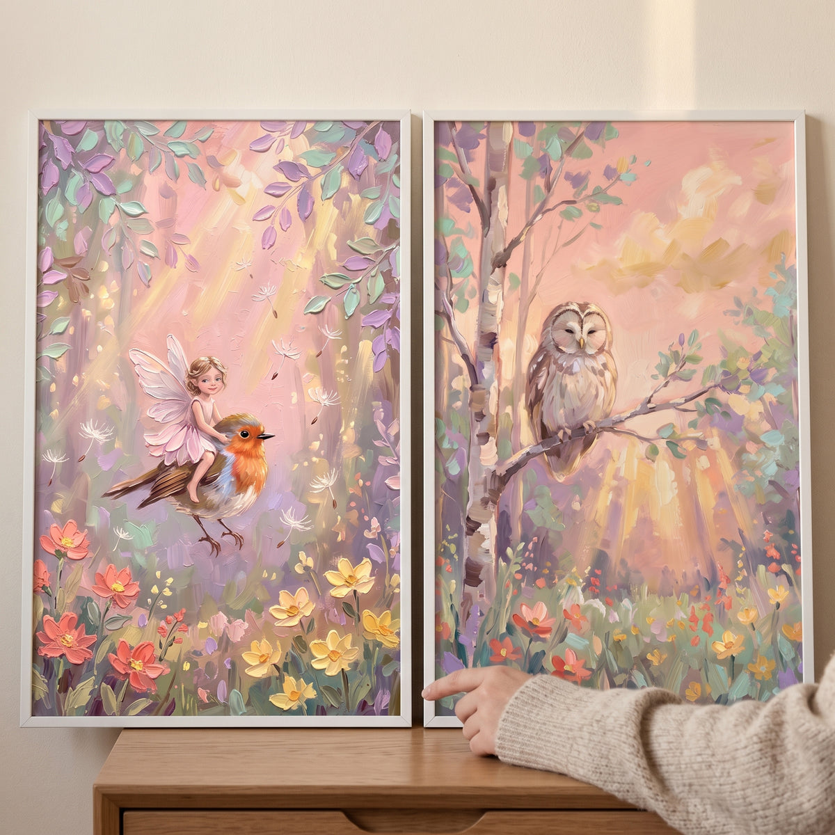 Soft pastel creatures forest wall art set of 2 shows a fairy on a robin and an owl among textured, sunlit forest flowers.