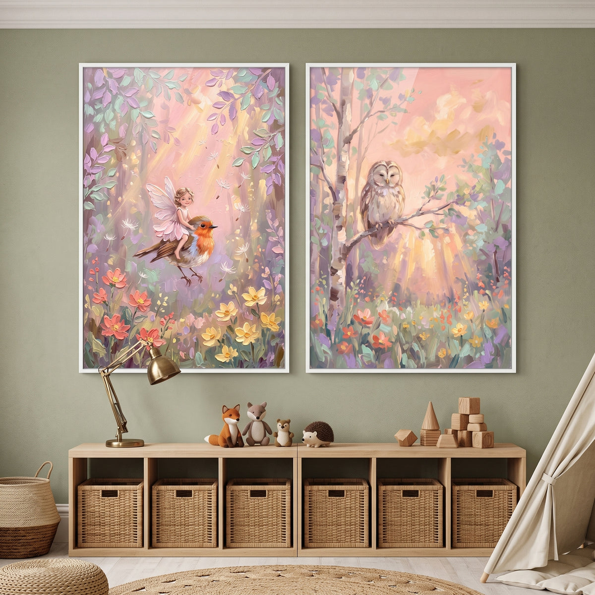 Soft Pastel Creatures Forest Wall Art Set of 2 - Enchanted Forest Flight