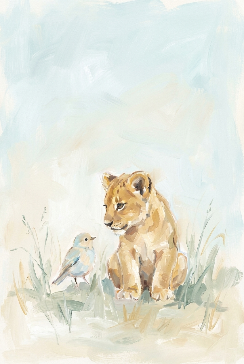 Soft Pastel Cub Lion Wall Art - Gentle Wild Friends