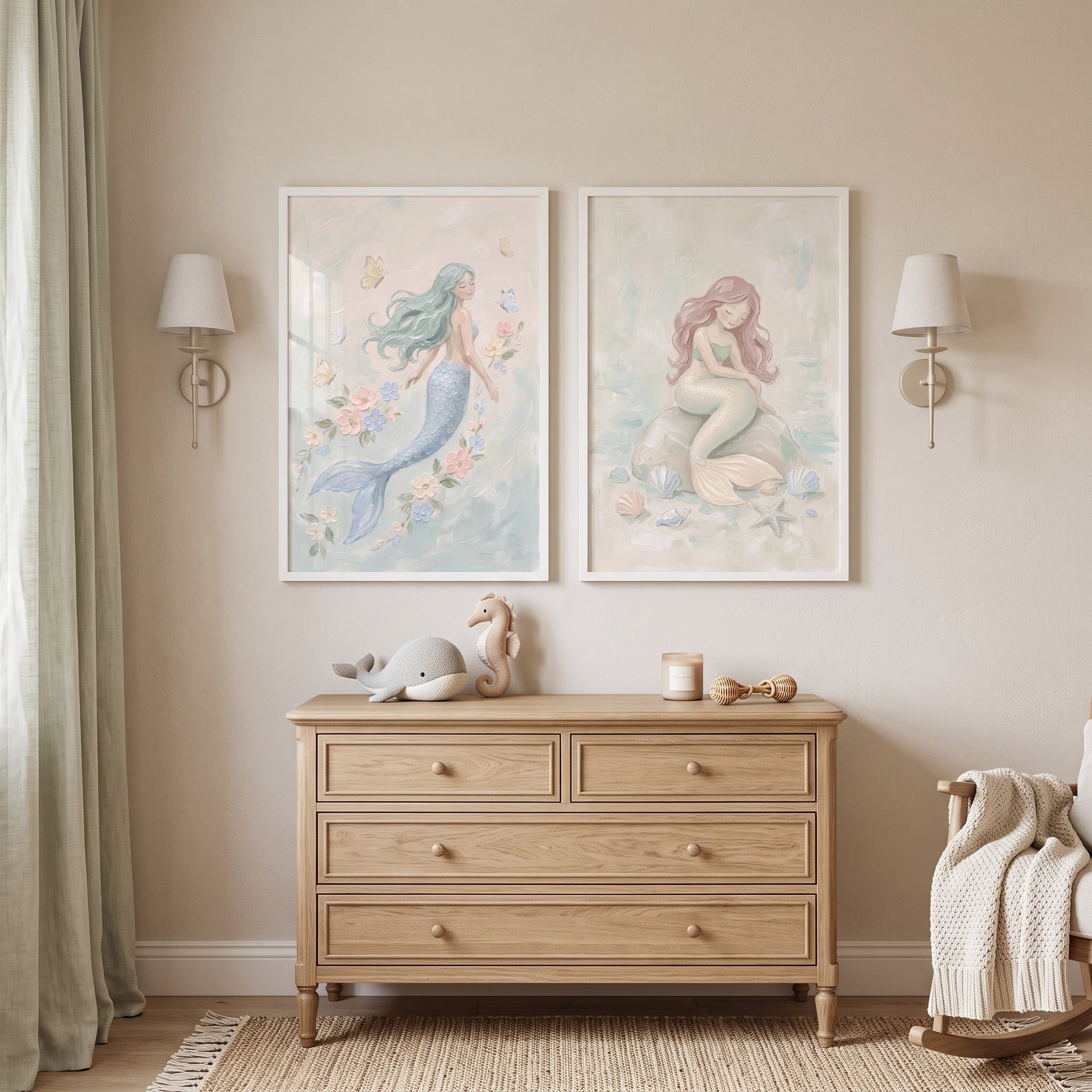 Soft Pastel Dreamy Mermaid Wall Art Set of 2 - Whimsical Ocean Sirens