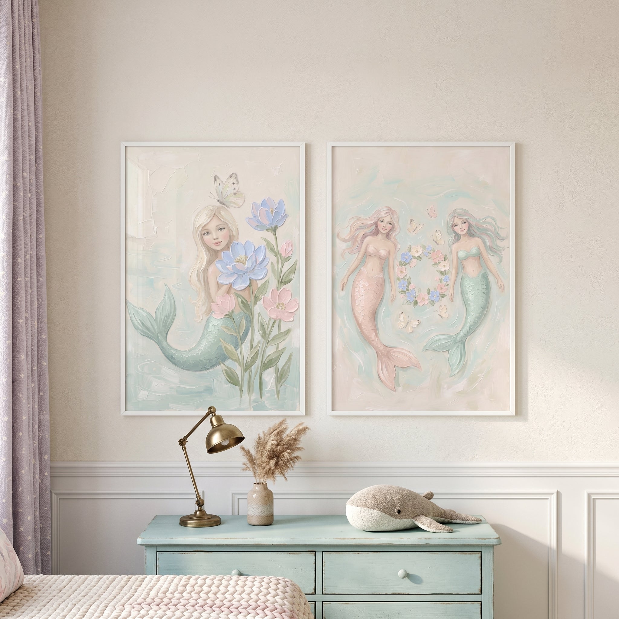 Soft Pastel Ethereal Mermaid Wall Art Set of 2 - Pastel Ocean Whimsy