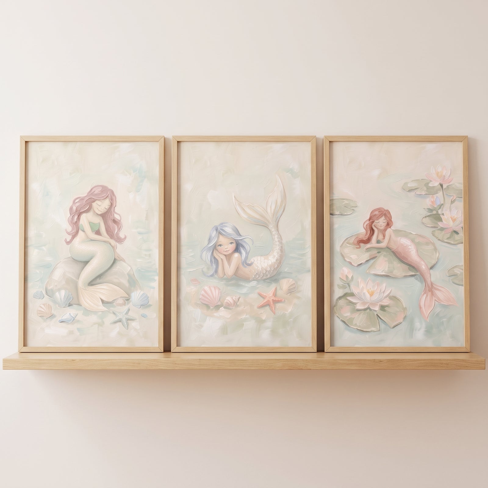 Soft pastel fantasy mermaid wall art set of 3 framed illustrations displayed on a light wood shelf.