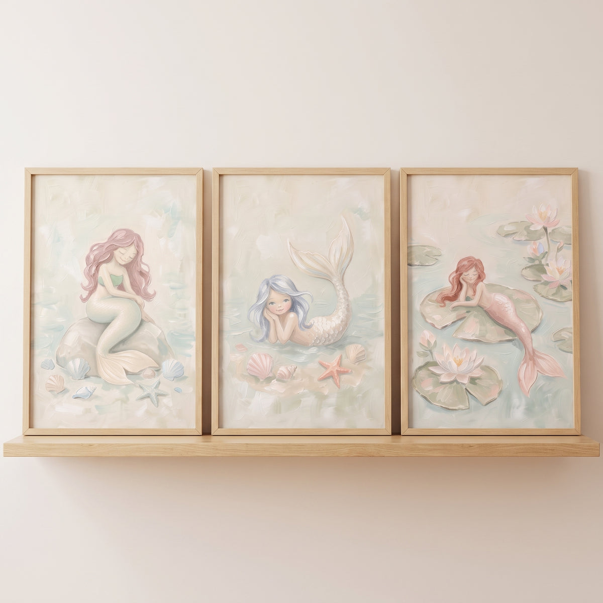 Soft Pastel Fantasy Mermaid Wall Art Set of 3 - Serene Ocean Friends