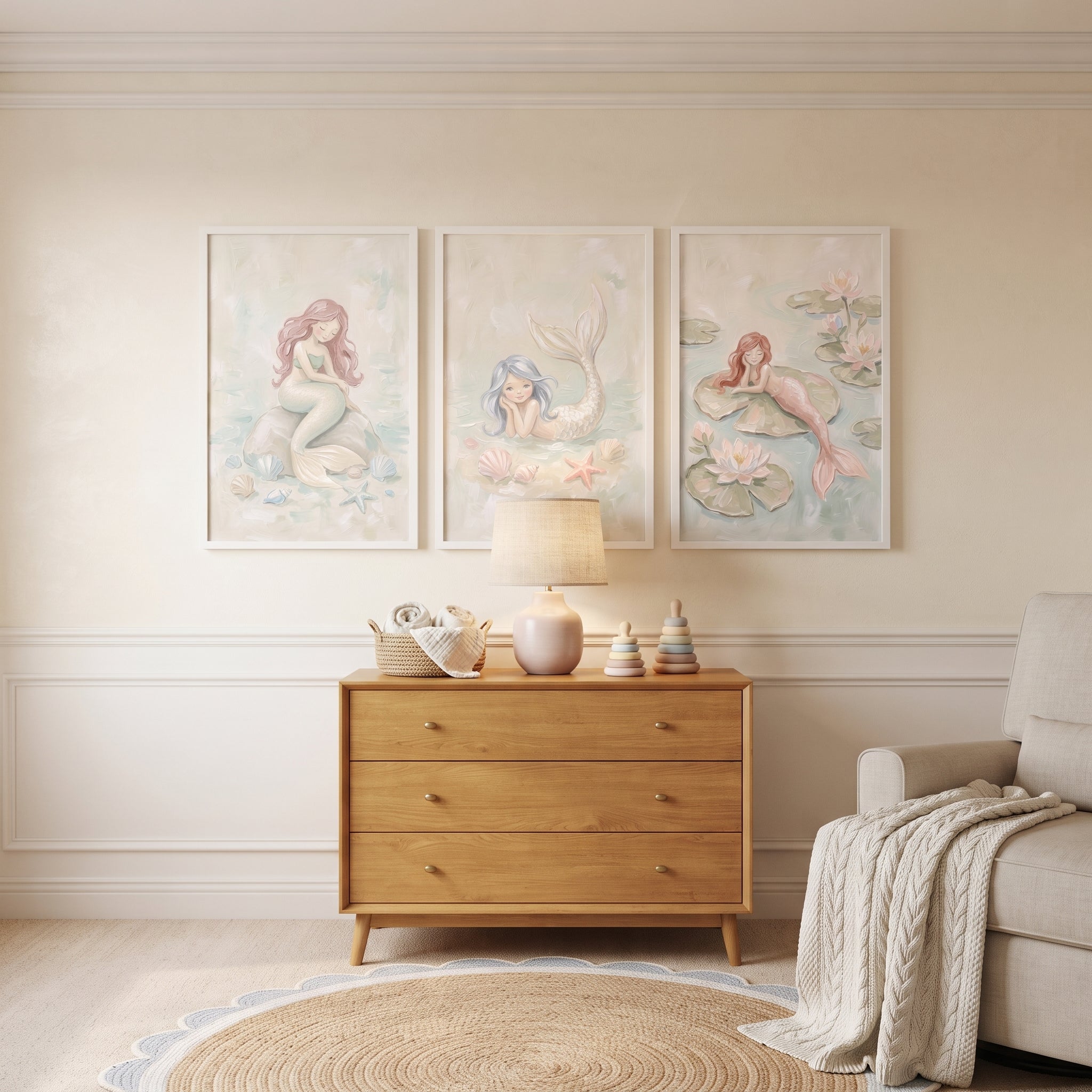 Soft Pastel Fantasy Mermaid Wall Art Set of 3 - Serene Ocean Friends