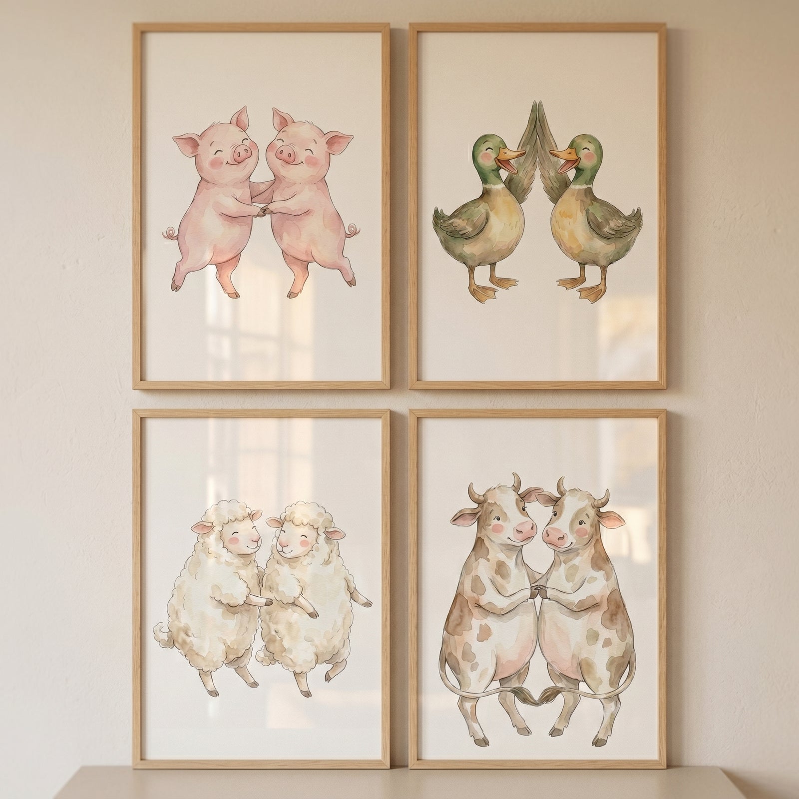 Soft pastel farm animals wall art set of 4 with watercolor illustrations of dancing pigs, ducks, sheep, and cows.