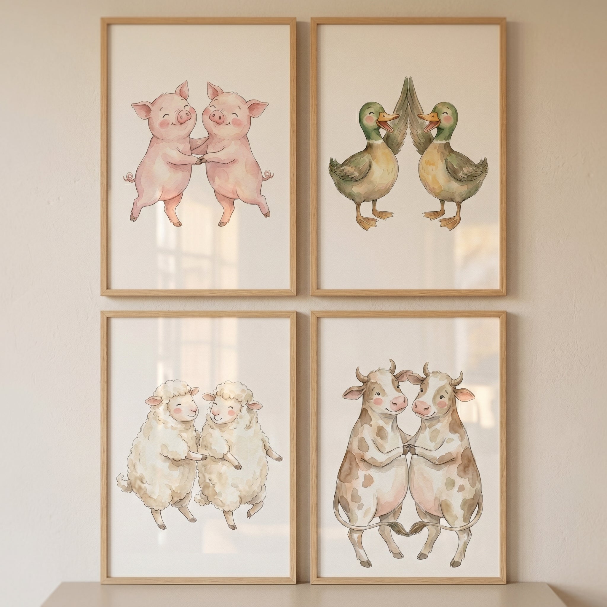 Soft Pastel Farm Animals Wall Art Set of 4 - Dancing Farm Friends